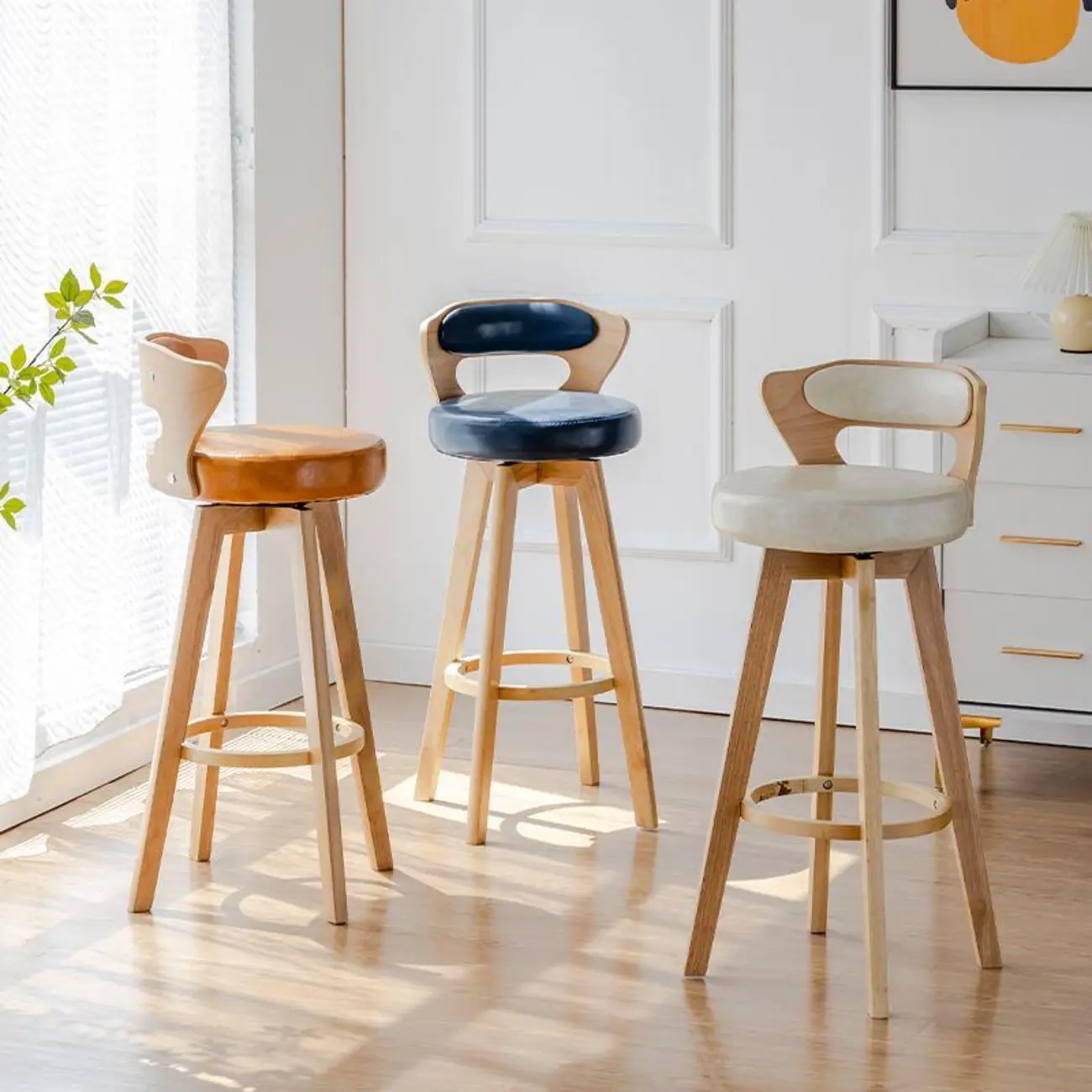 Wooden Upholstered Swivel Low Back Bar Stools Image - 2 | homeyfad