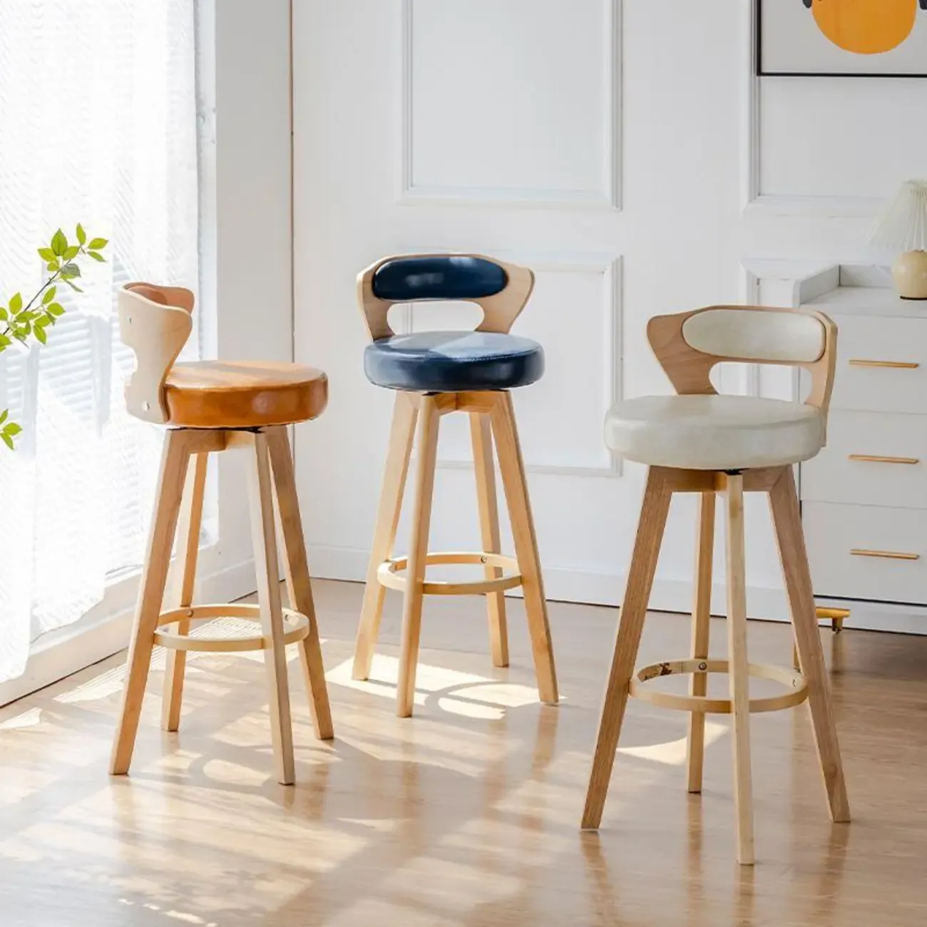 Wooden Upholstered Swivel Low Back Bar Stools Image - 2