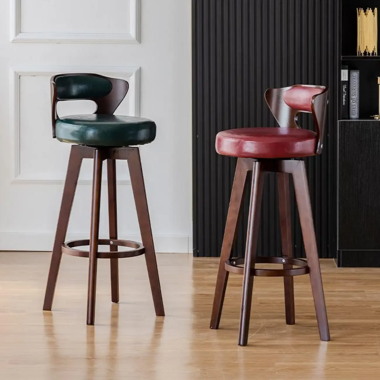 Wooden Upholstered Swivel Low Back Bar Stools Image - 3