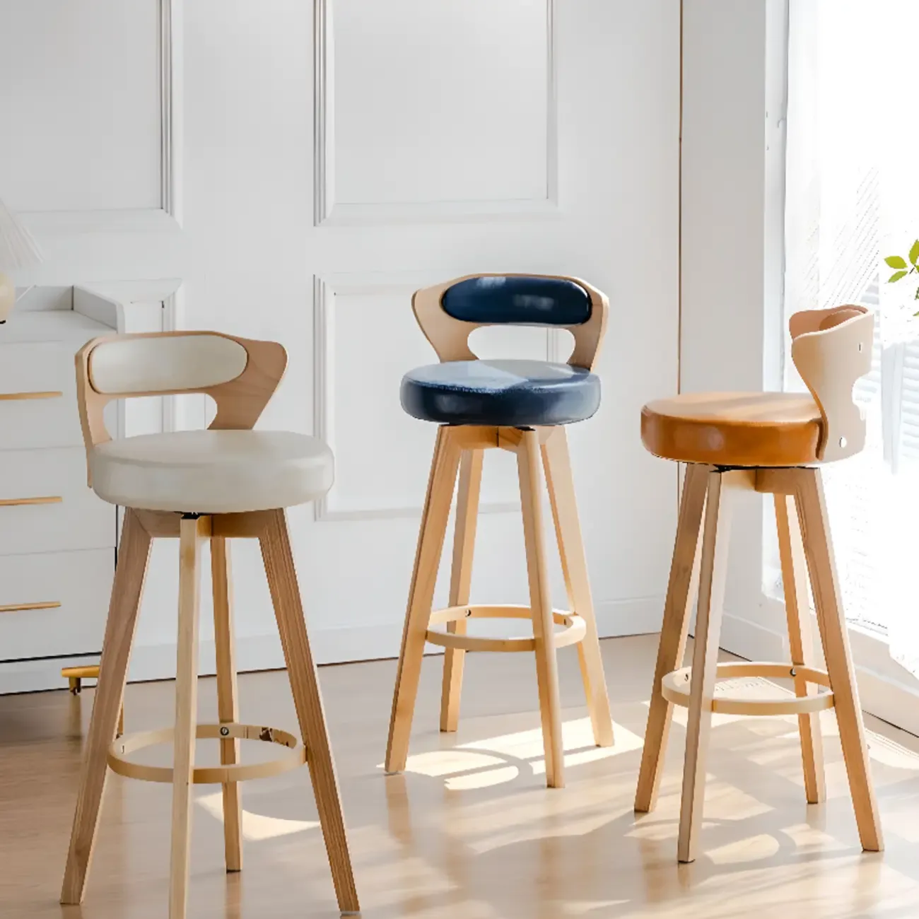 Wooden Upholstered Swivel Low Back Bar Stools Image - 4
