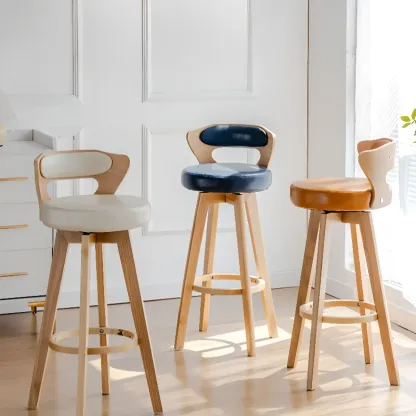 Wooden Upholstered Swivel Low Back Bar Stools Image - 4