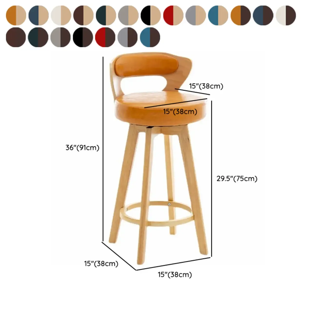 Wooden Upholstered Swivel Low Back Bar Stools #size