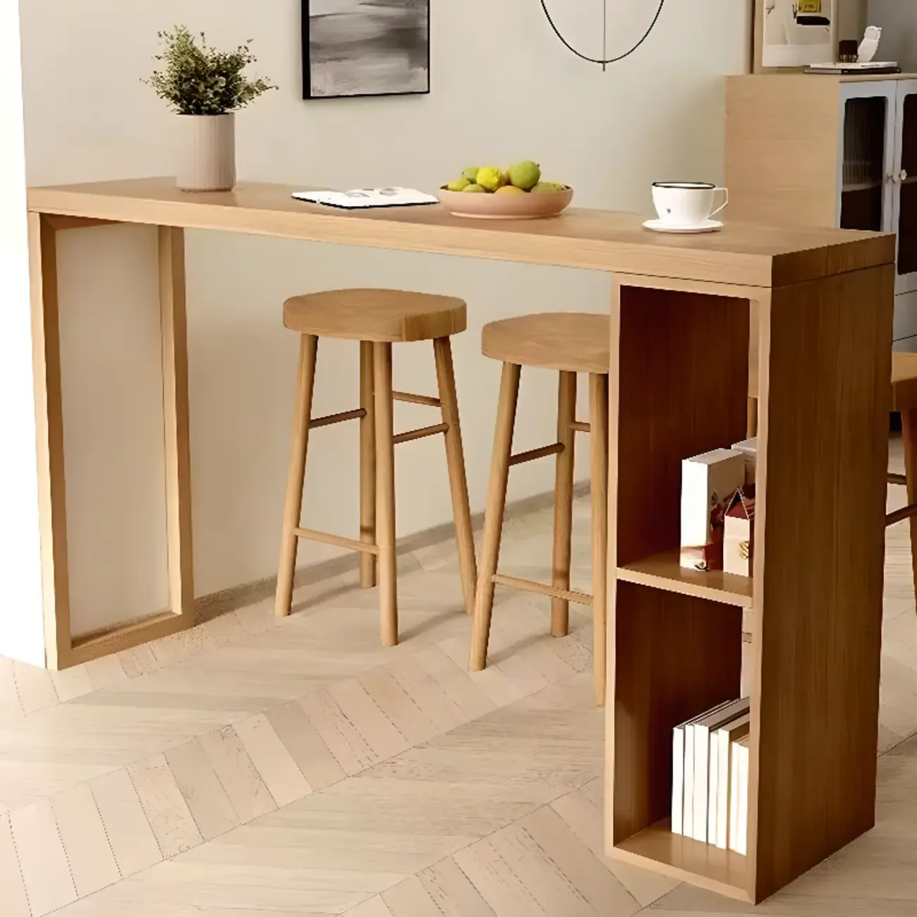 Scandinavian Brown Pine Fixed Storage Bar Tables Image - 1