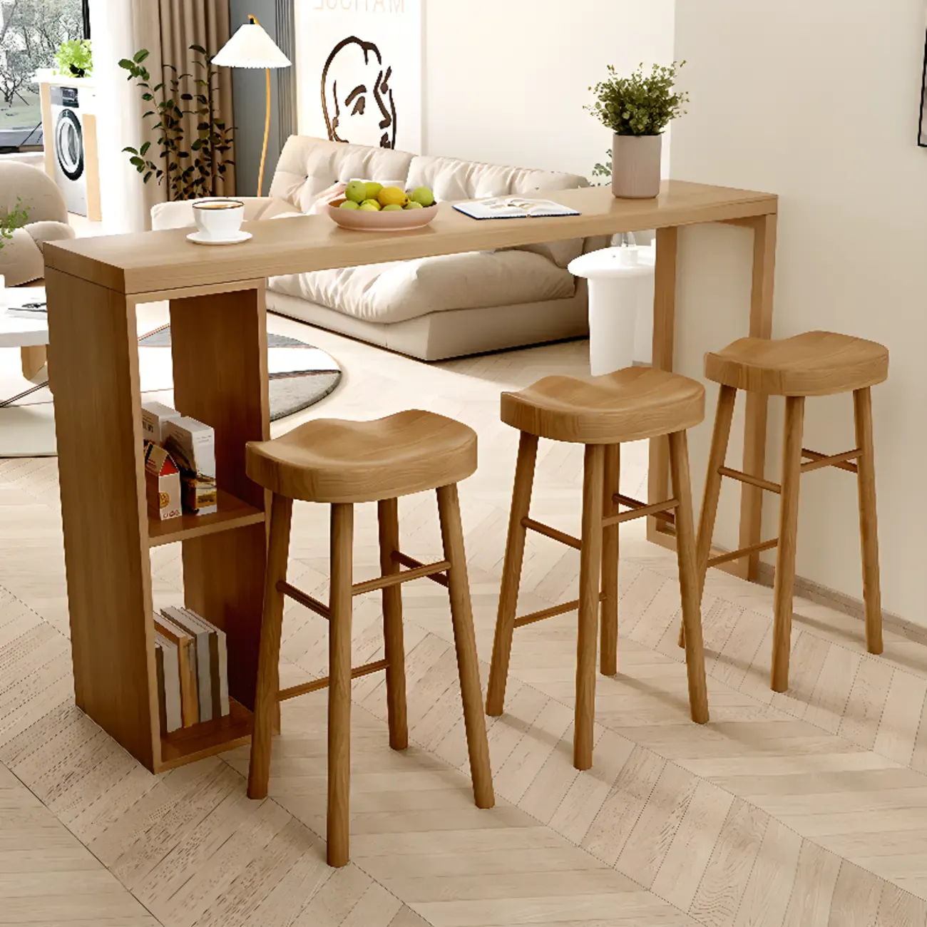 Scandinavian Brown Pine Fixed Storage Bar Tables Image - 3