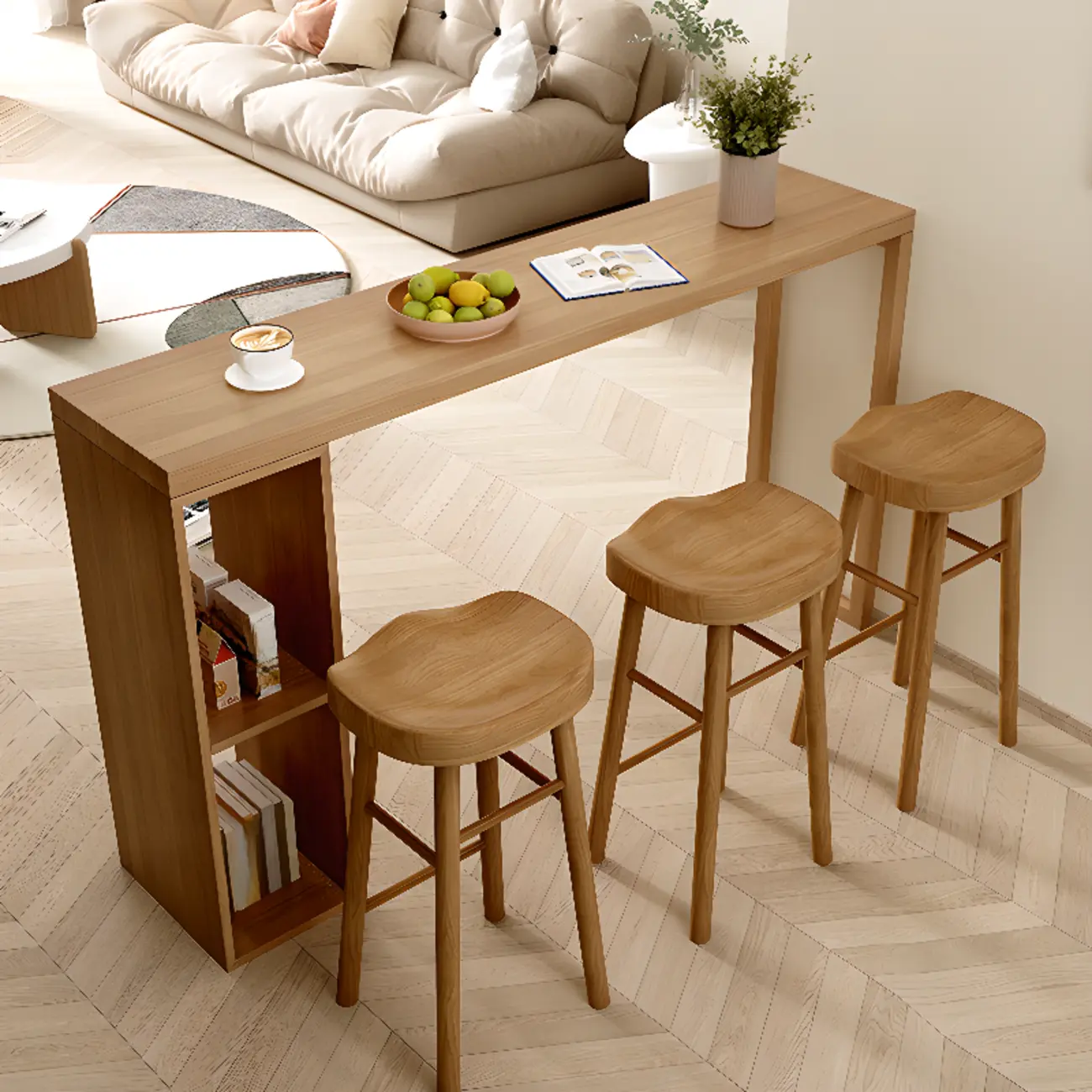 Scandinavian Brown Pine Fixed Storage Bar Tables Image - 4 | homeyfad