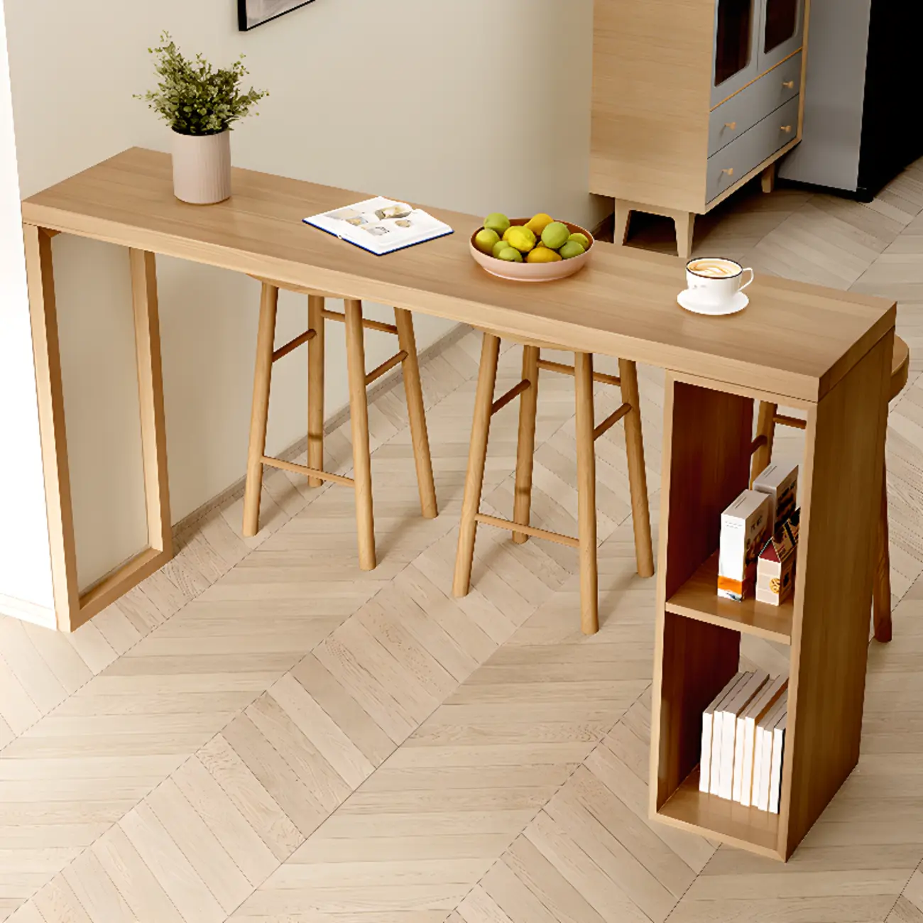 Scandinavian Brown Pine Fixed Storage Bar Tables Image - 5 | homeyfad