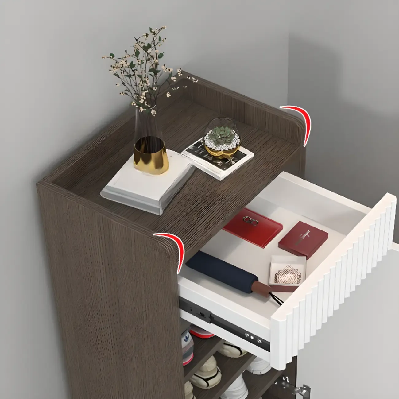 Modern Wood Shoe Cabinet with Drawer and Shelves