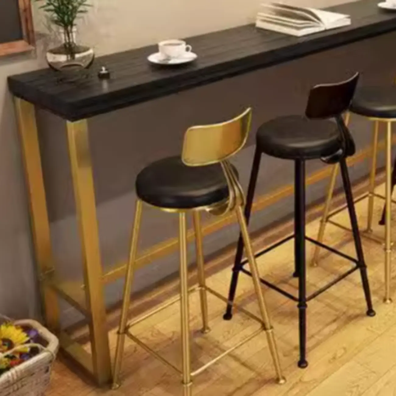 Luxurious Midnight Black Wood Gold Metal Leg Rest Bar Tables Image - 6 | homeyfad