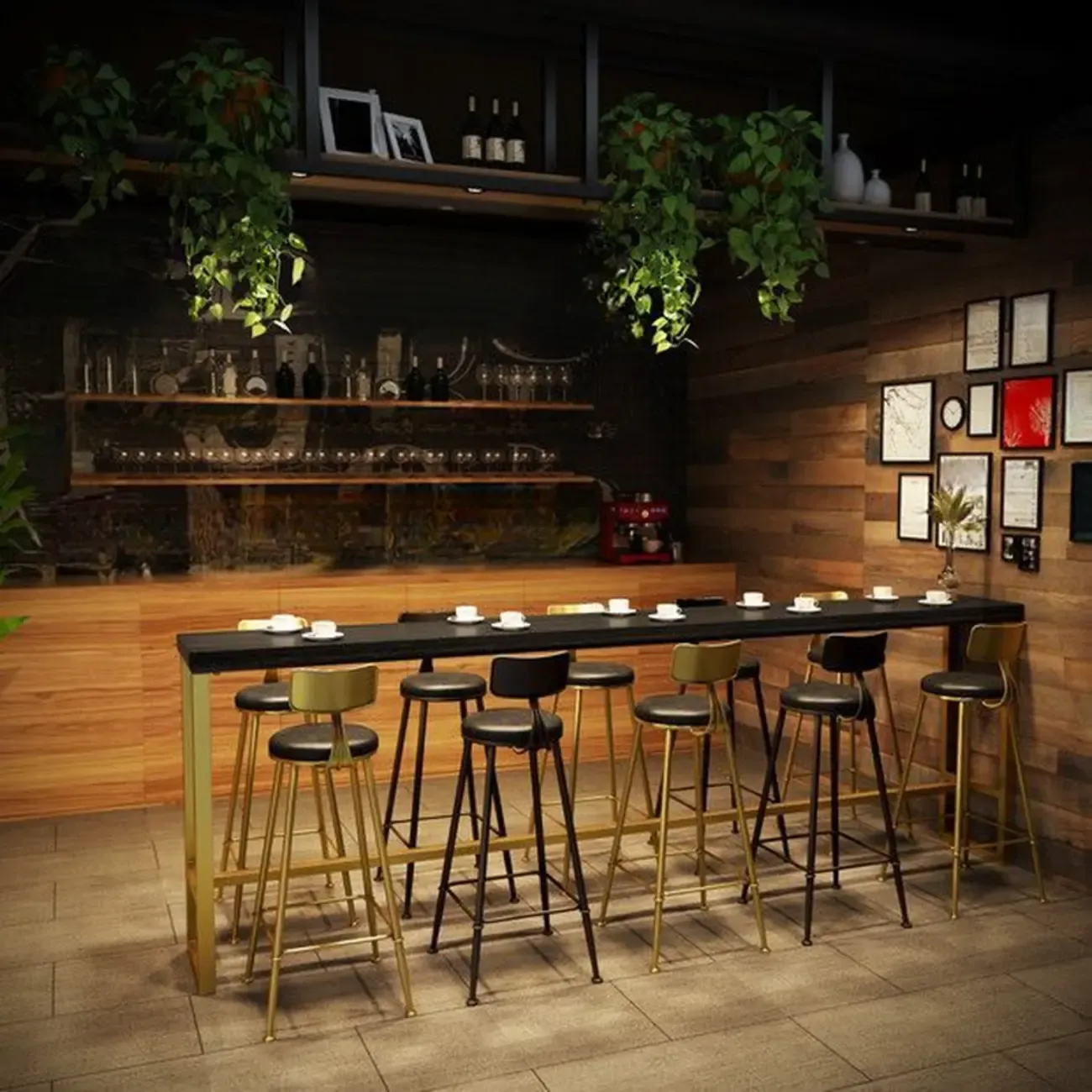 Luxurious Midnight Black Wood Gold Metal Leg Rest Bar Tables Image - 7