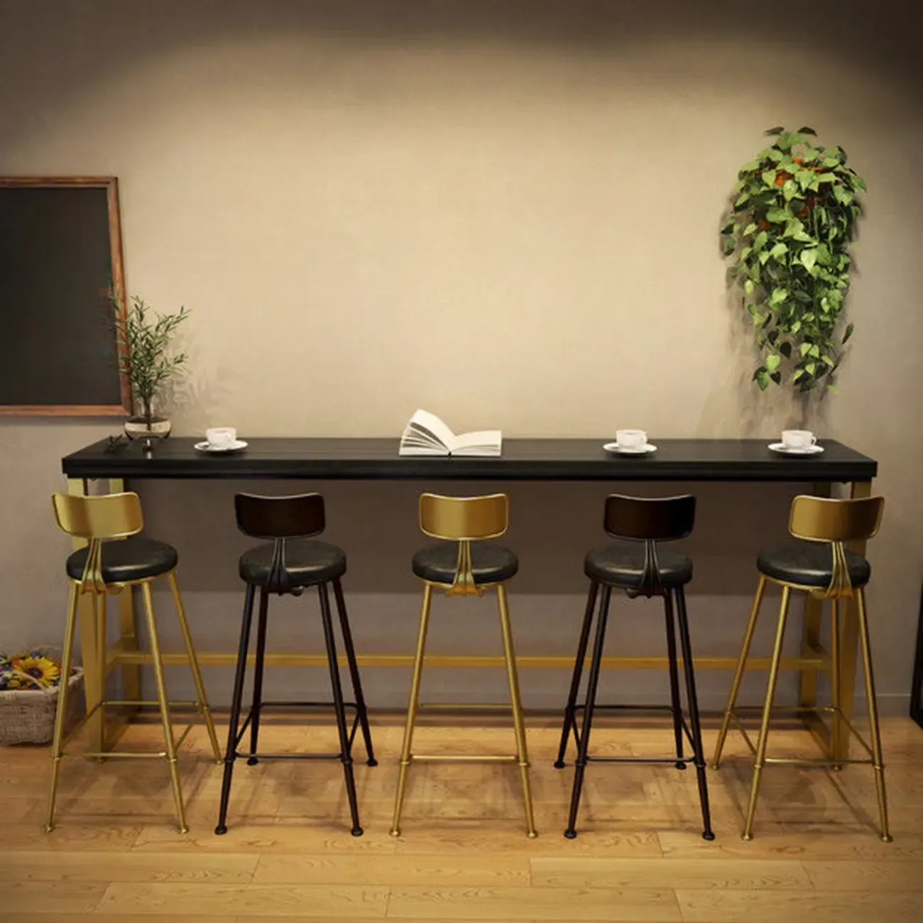 Luxurious Midnight Black Wood Gold Metal Leg Rest Bar Tables Image - 8