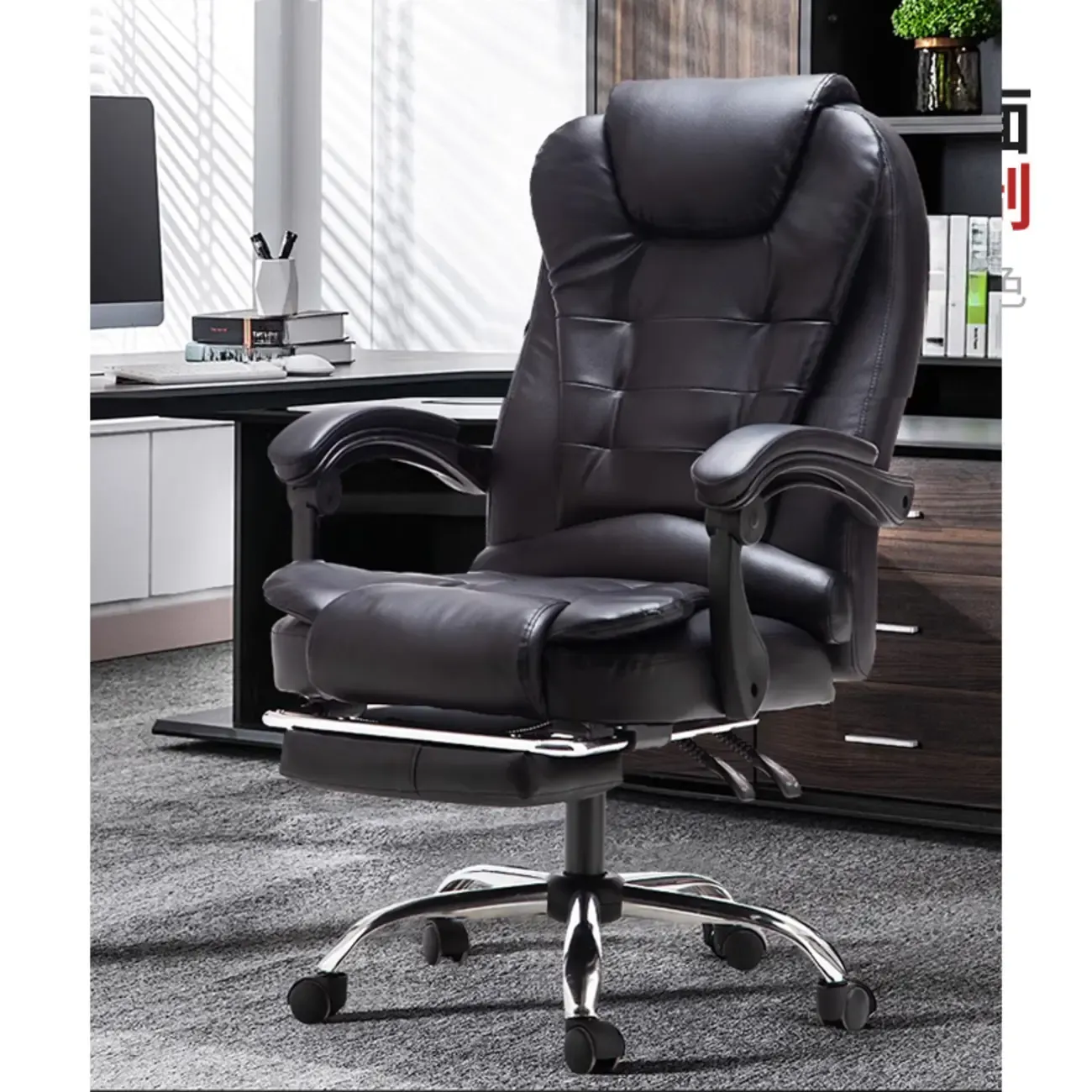 Executive Ergonomic Black Leather Reclining Office Chair Image - 4