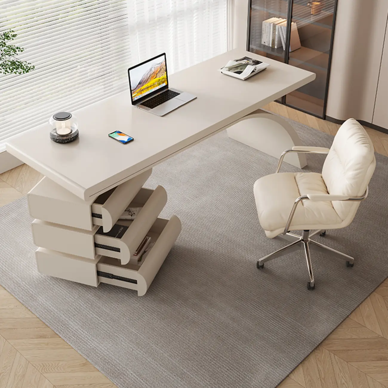 Modern White Rectangular Office Desk with 3-Drawer Storage Image - 1 | homeyfad