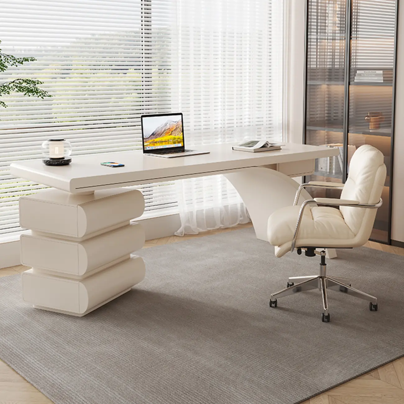 Modern White Rectangular Office Desk with 3-Drawer Storage Image - 2 | homeyfad