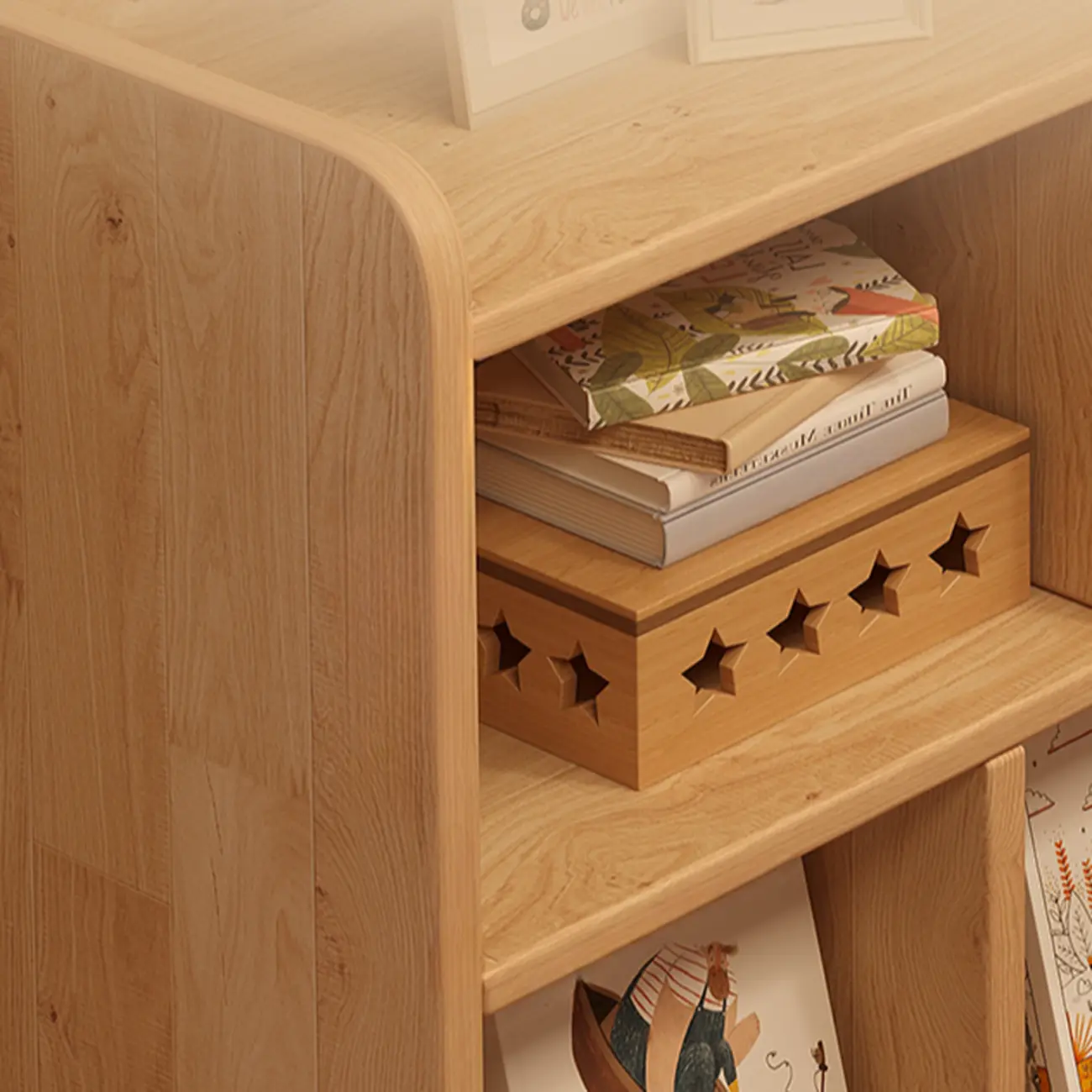 Rectangular Natural Brown Wood Low Bookcase Horizontal Storage Image - 8 | homeyfad