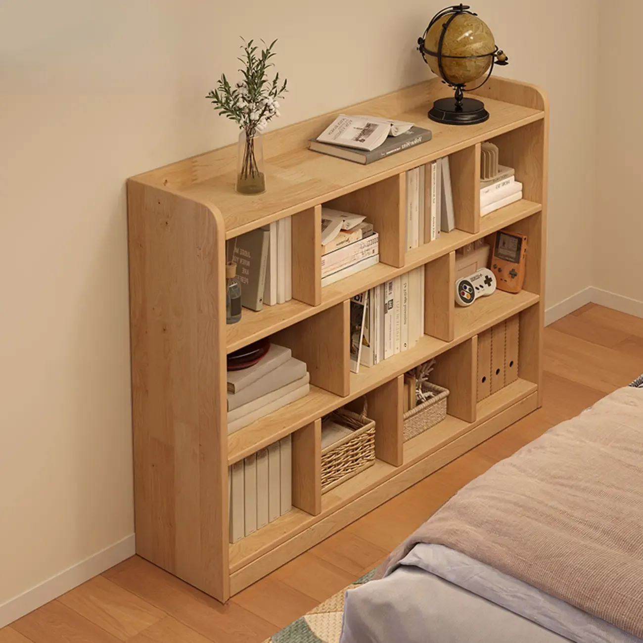 Rectangular Natural Brown Wood Low Bookcase Horizontal Storage Image - 12