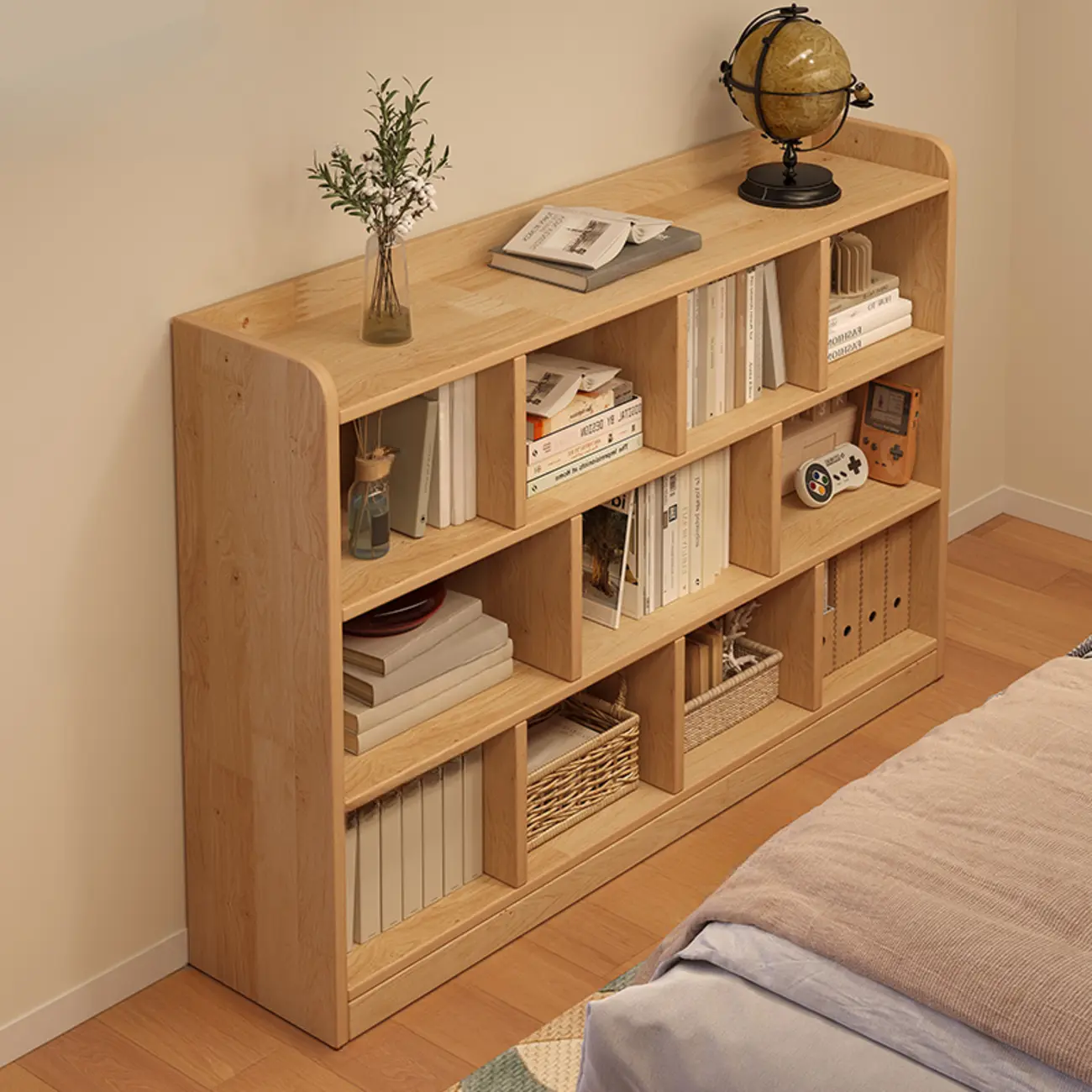 Rectangular Natural Brown Wood Low Bookcase Horizontal Storage Image - 13 | homeyfad
