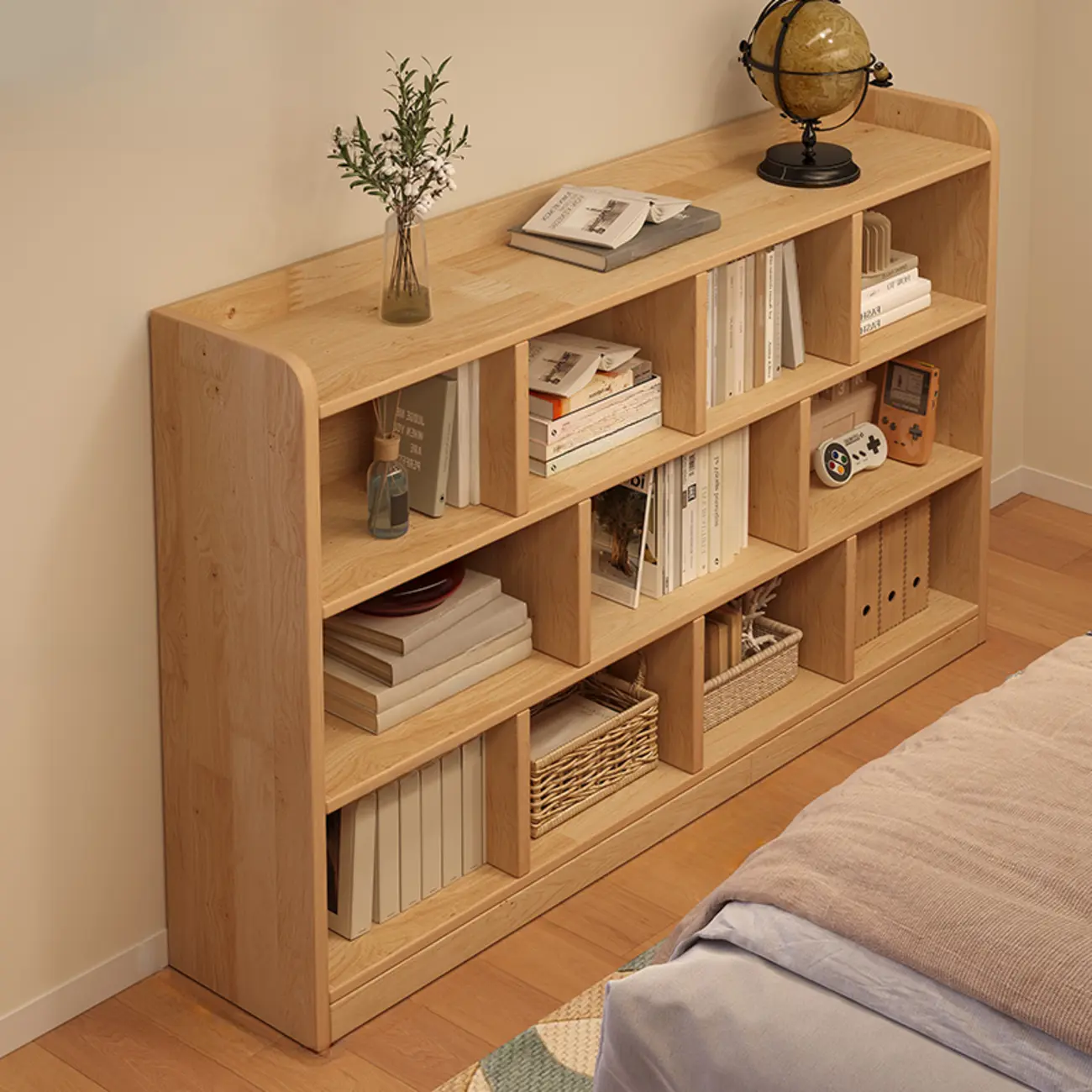 Rectangular Natural Brown Wood Low Bookcase Horizontal Storage Image - 15 | homeyfad
