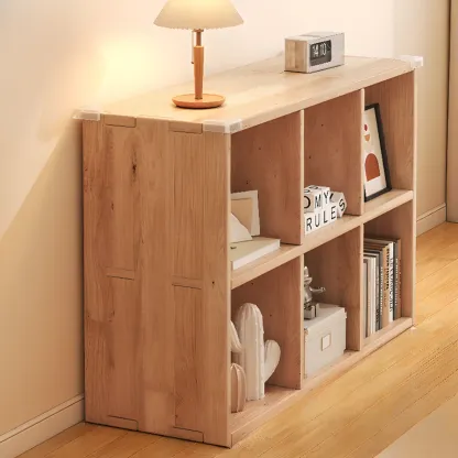 Rectangular Natural Brown Wood Low Bookcase Horizontal Storage Image - 17