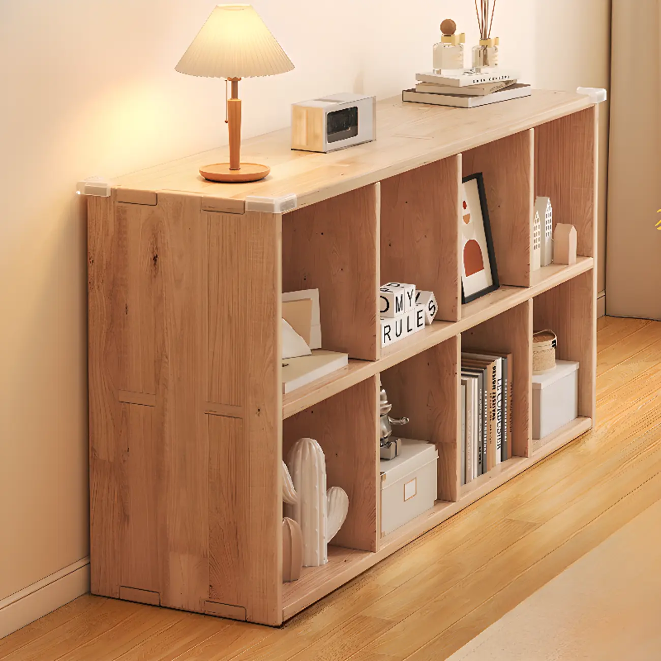 Rectangular Natural Brown Wood Low Bookcase Horizontal Storage Image - 19 | homeyfad