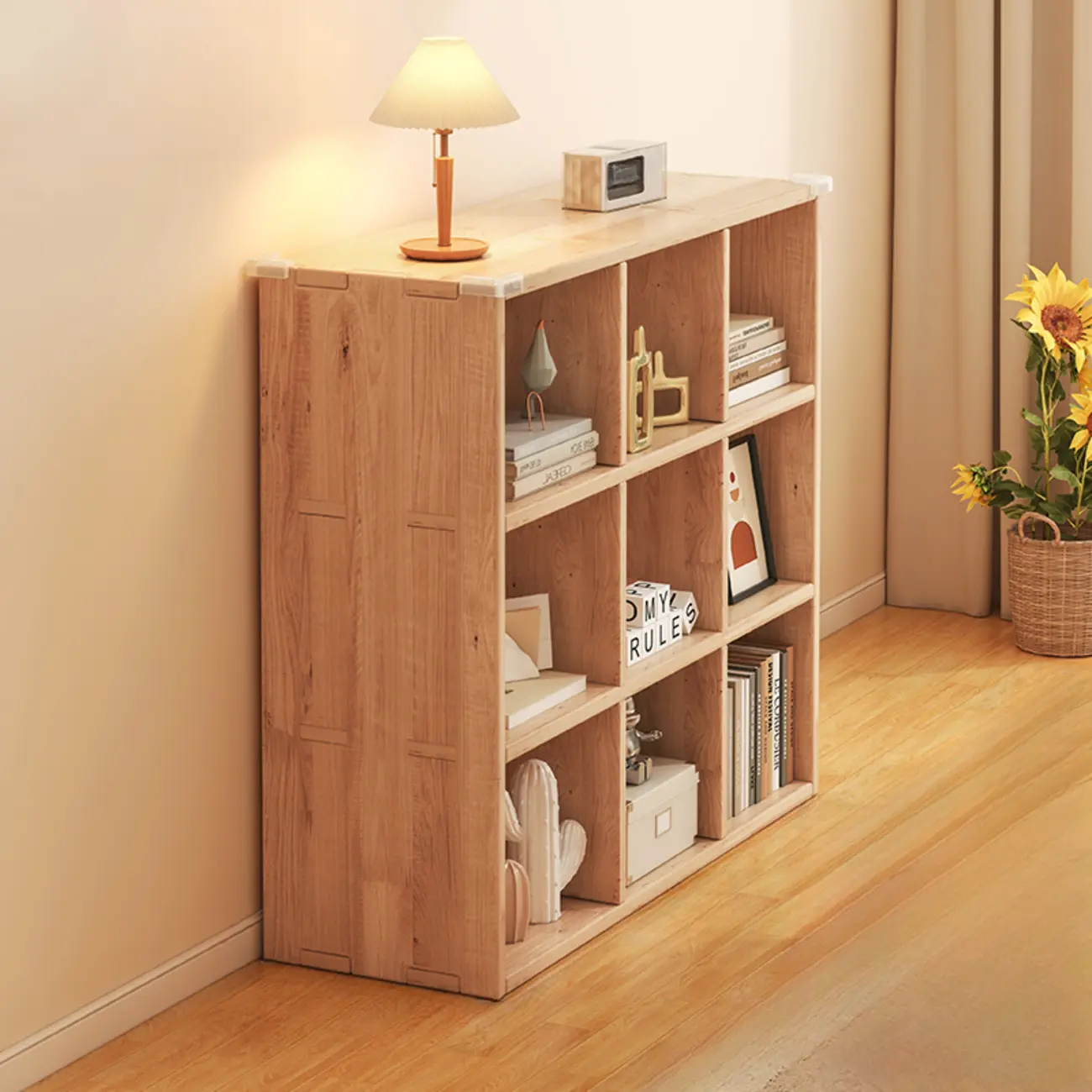 Rectangular Natural Brown Wood Low Bookcase Horizontal Storage Image - 22 | homeyfad