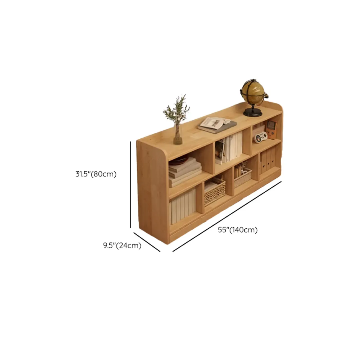 Rectangular Natural Brown Wood Low Bookcase Horizontal Storage Image - 31