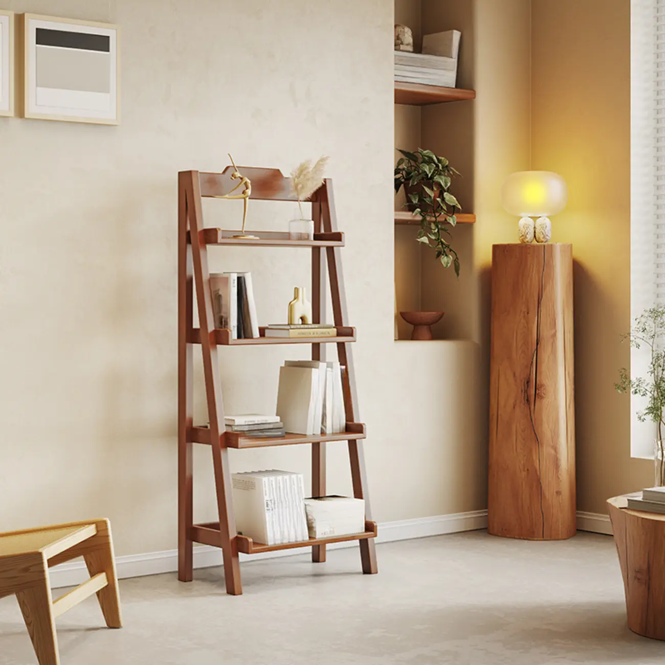 4-Tier Narrow Walnut Wood Ladder Bookcase for Bedroom Image - 1 | homeyfad