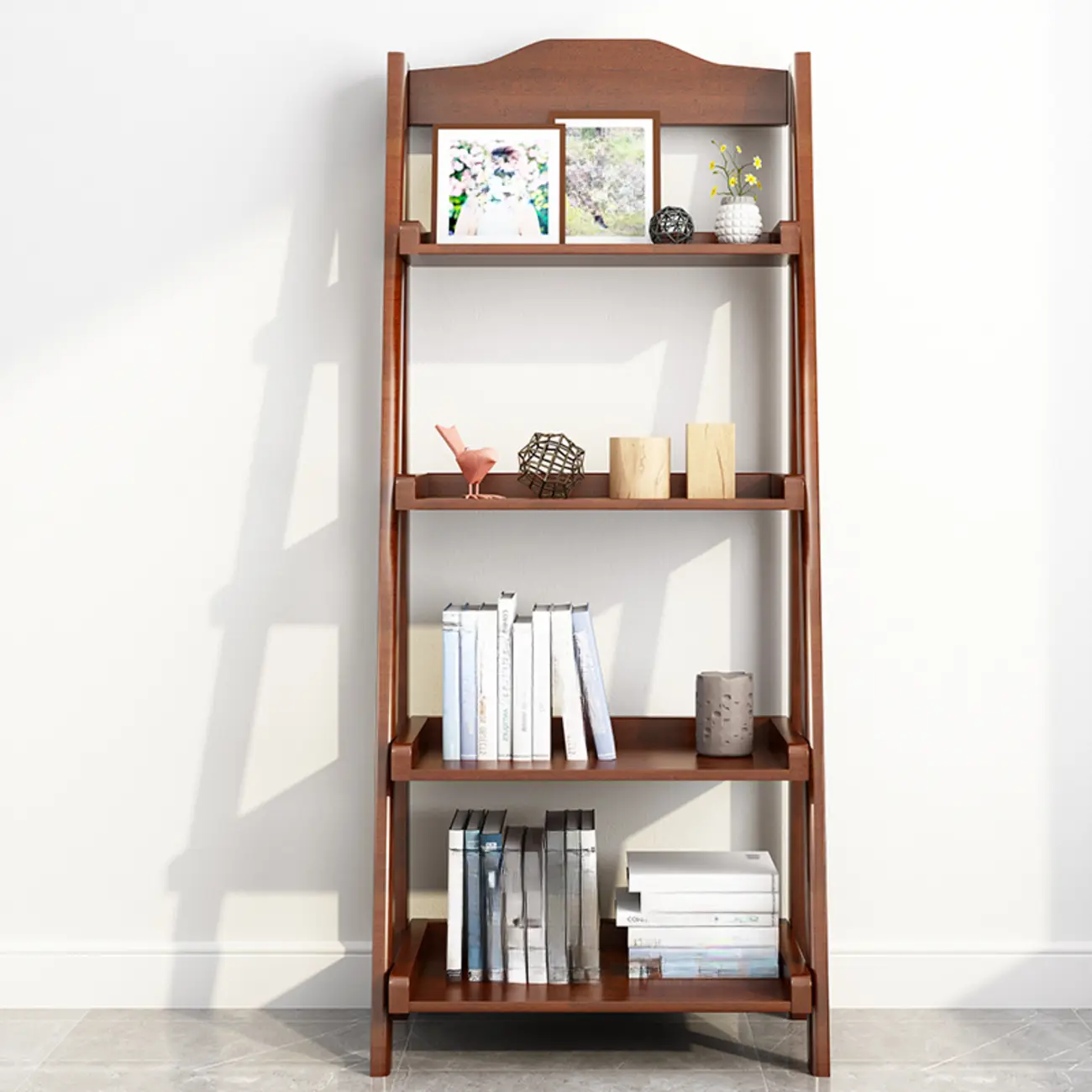 4-Tier Narrow Walnut Wood Ladder Bookcase for Bedroom Image - 2 | homeyfad