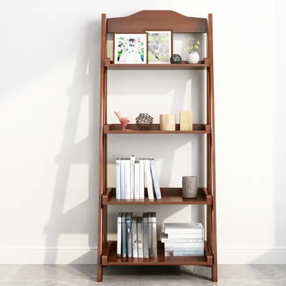 4-Tier Narrow Walnut Wood Ladder Bookcase for Bedroom Image - 2