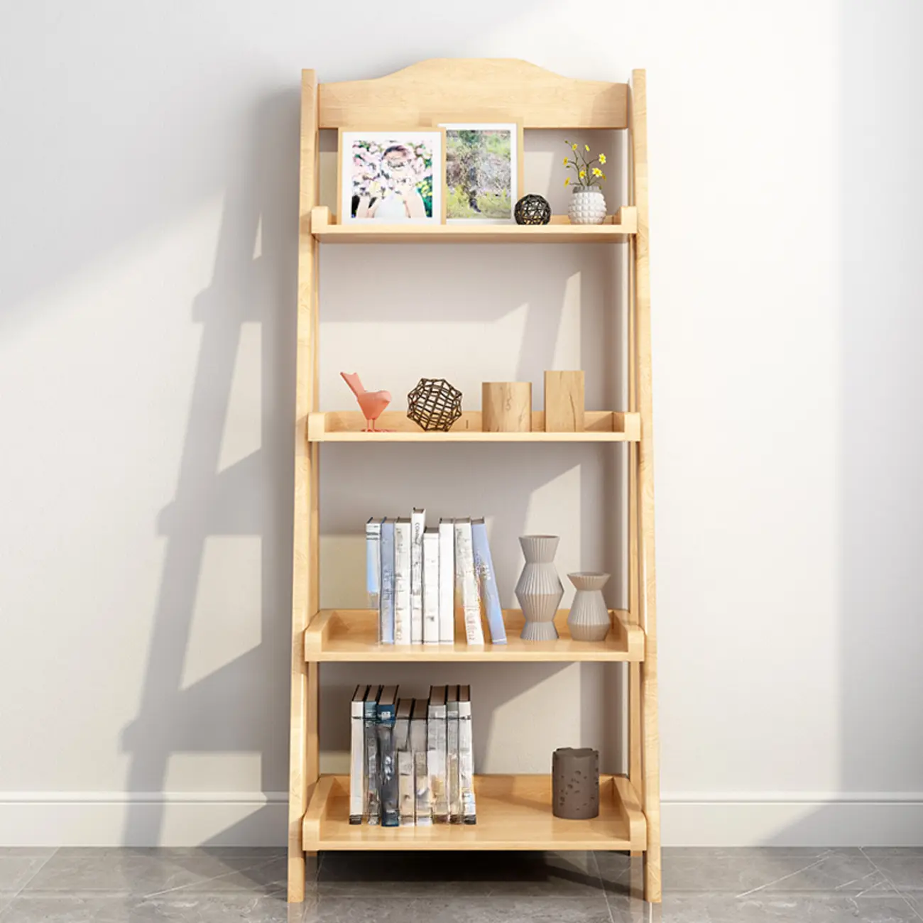 4-Tier Narrow Walnut Wood Ladder Bookcase for Bedroom Image - 5 | homeyfad