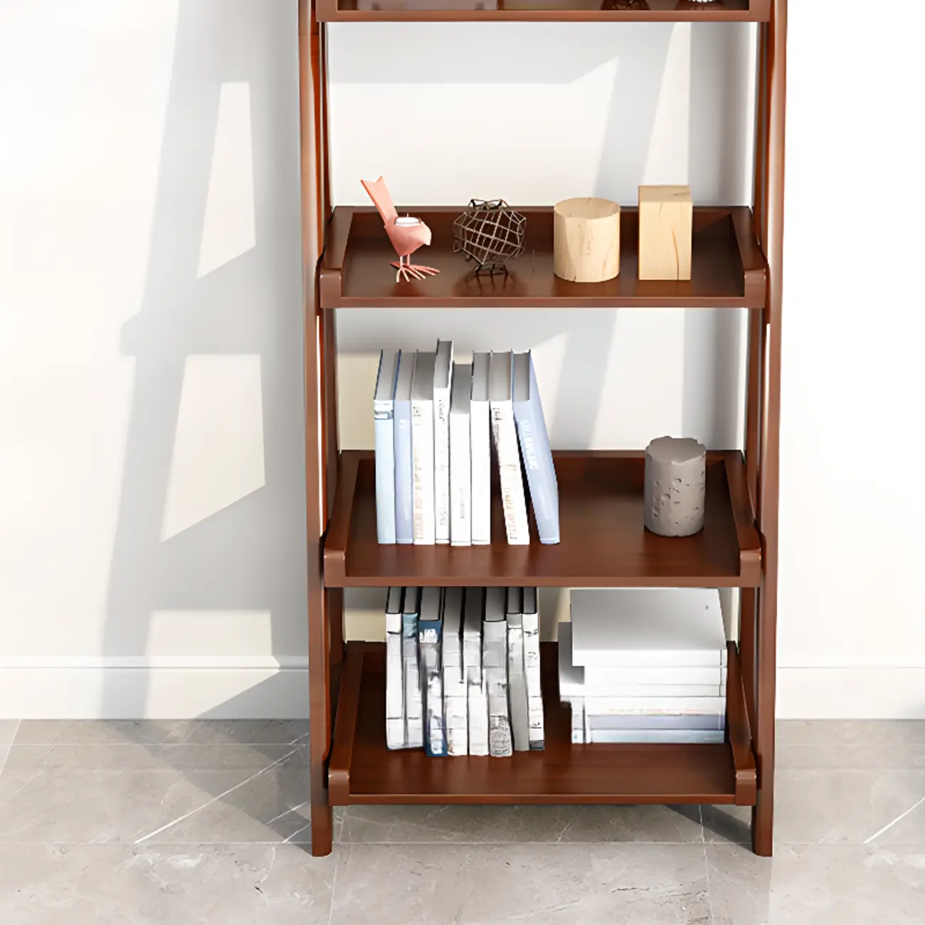 4-Tier Narrow Walnut Wood Ladder Bookcase for Bedroom Image - 7 | homeyfad