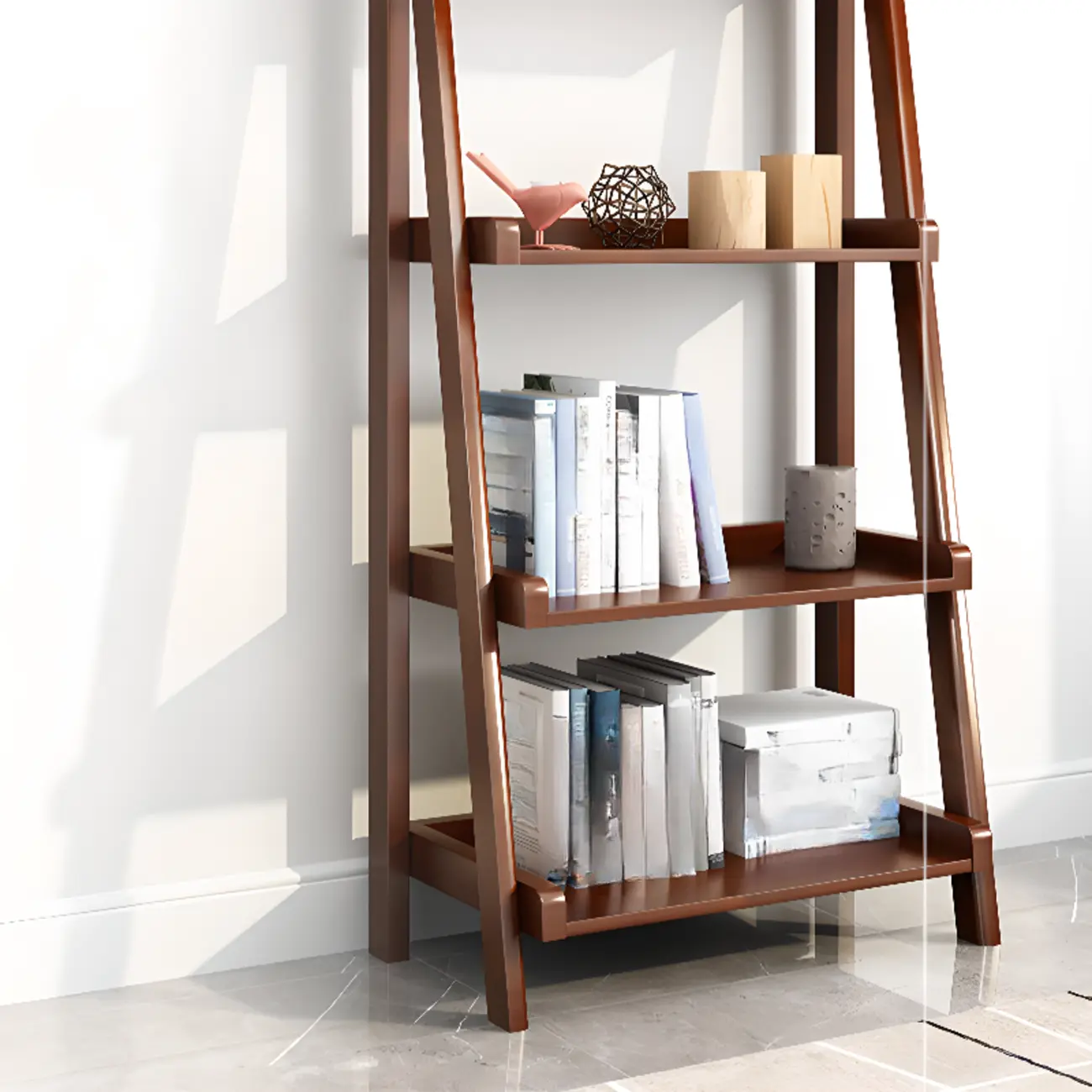 4-Tier Narrow Walnut Wood Ladder Bookcase for Bedroom Image - 8 | homeyfad