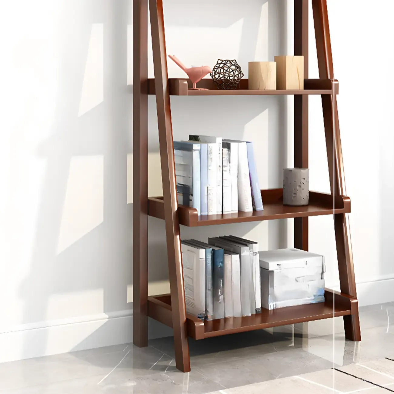 4-Tier Narrow Walnut Wood Ladder Bookcase for Bedroom Image - 8