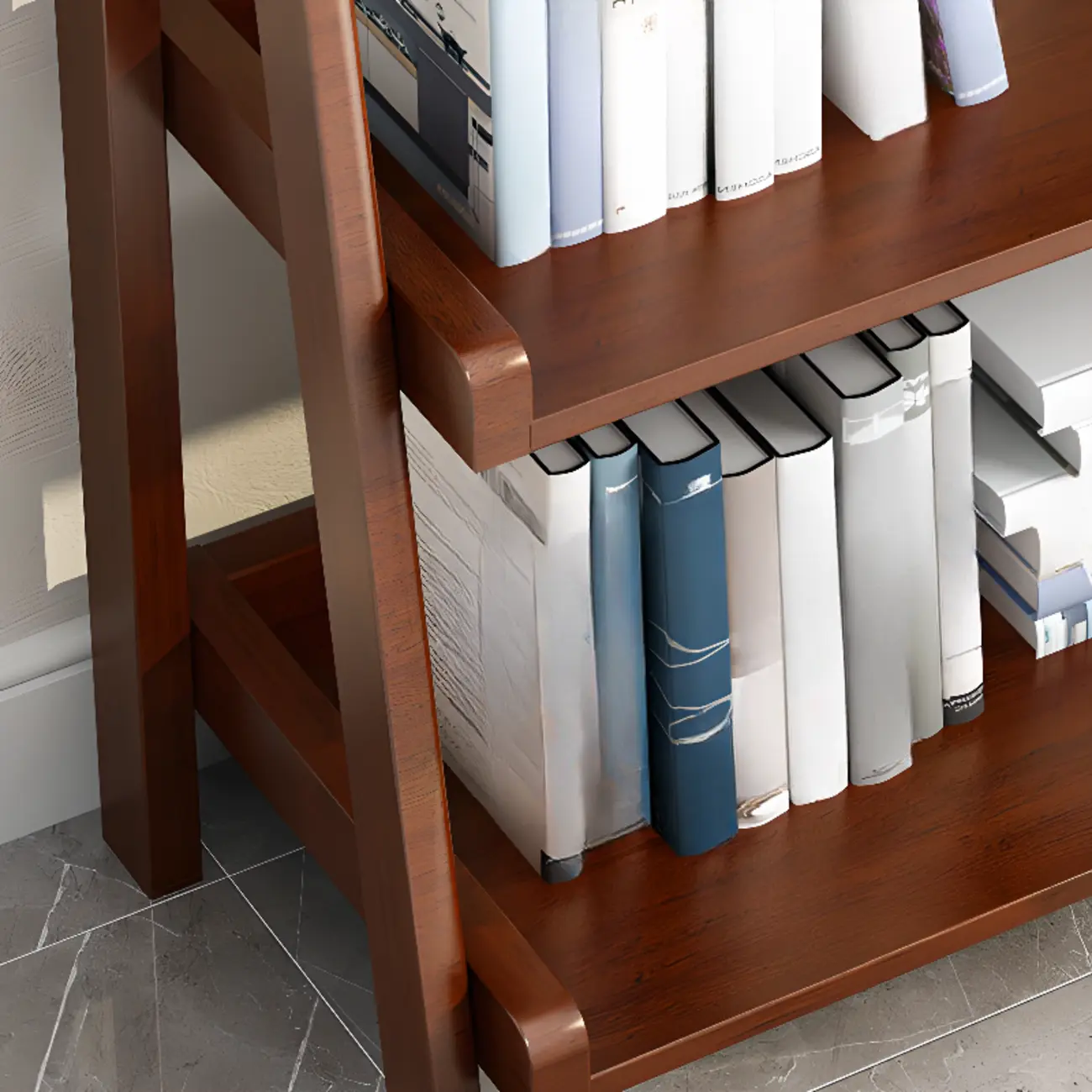 4-Tier Narrow Walnut Wood Ladder Bookcase for Bedroom Image - 9 | homeyfad