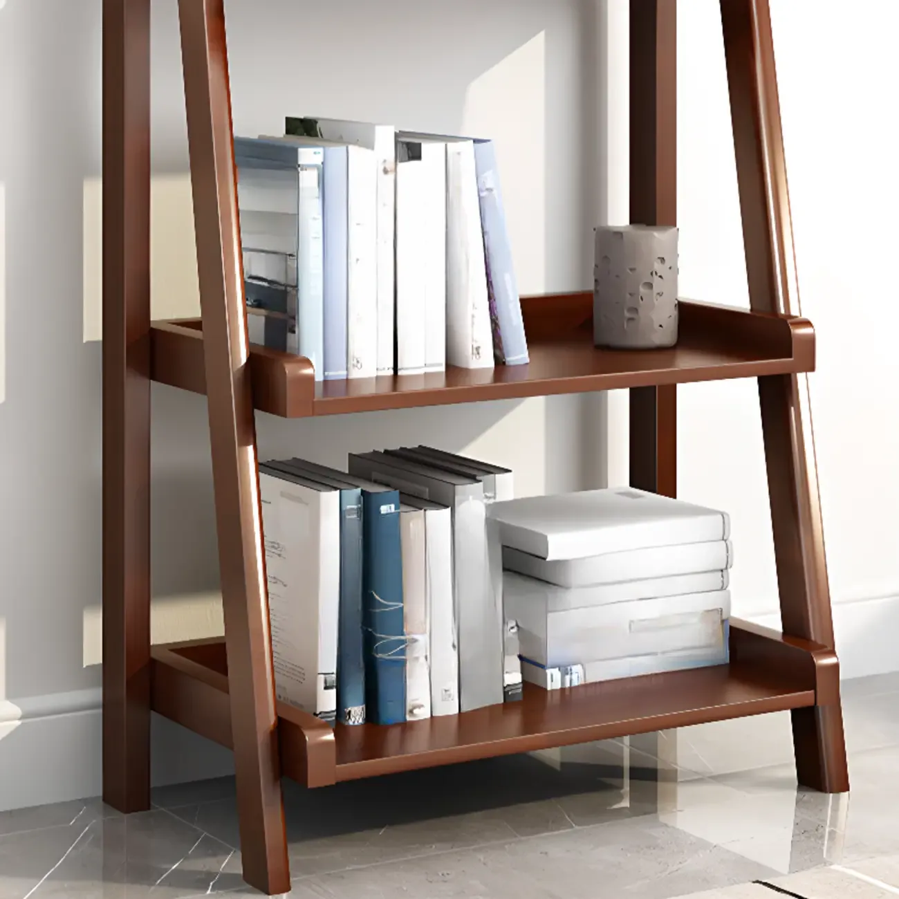 4-Tier Narrow Walnut Wood Ladder Bookcase for Bedroom Image - 10