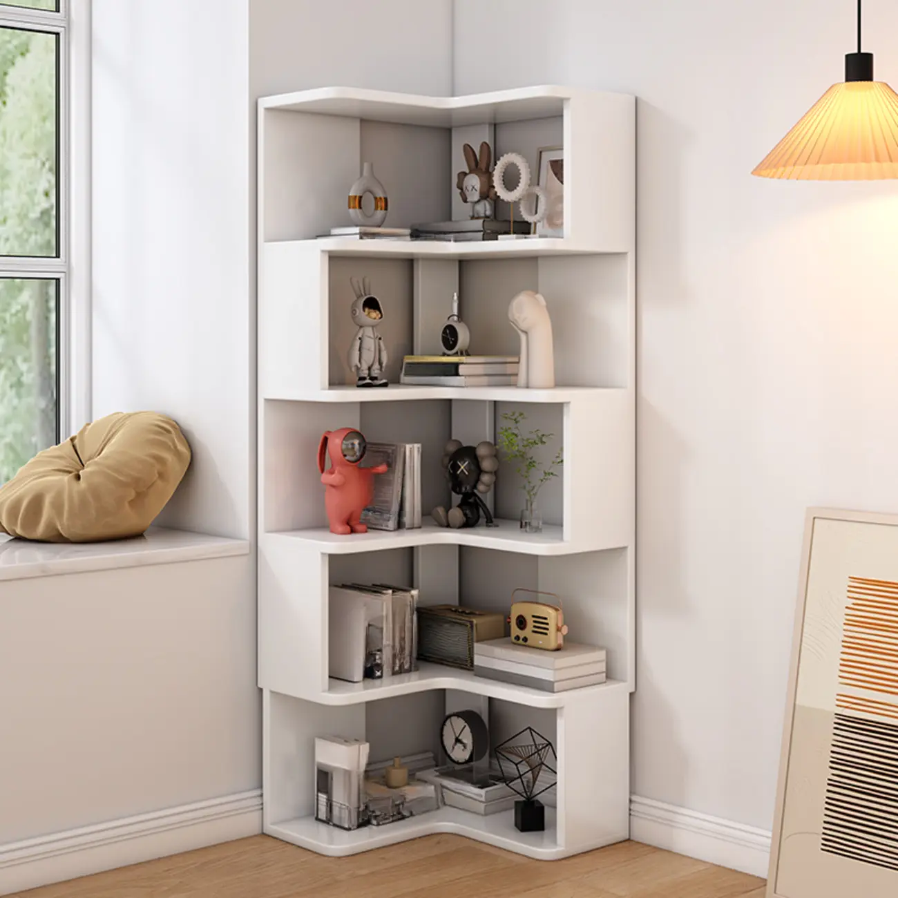 Living Room Open Back Deep Corner Wood Bookcase Image - 7 | homeyfad