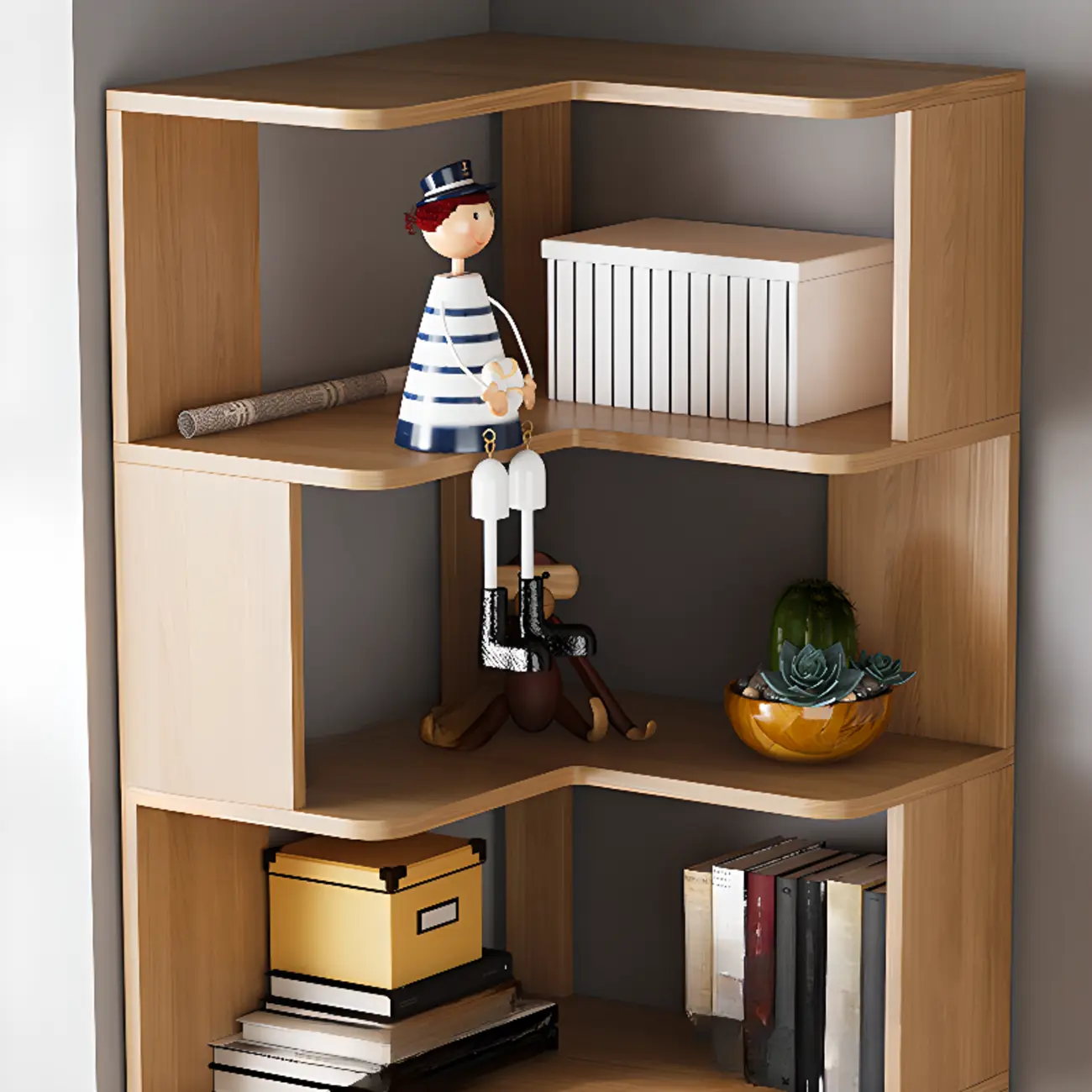 Living Room Open Back Deep Corner Wood Bookcase Image - 12 | homeyfad