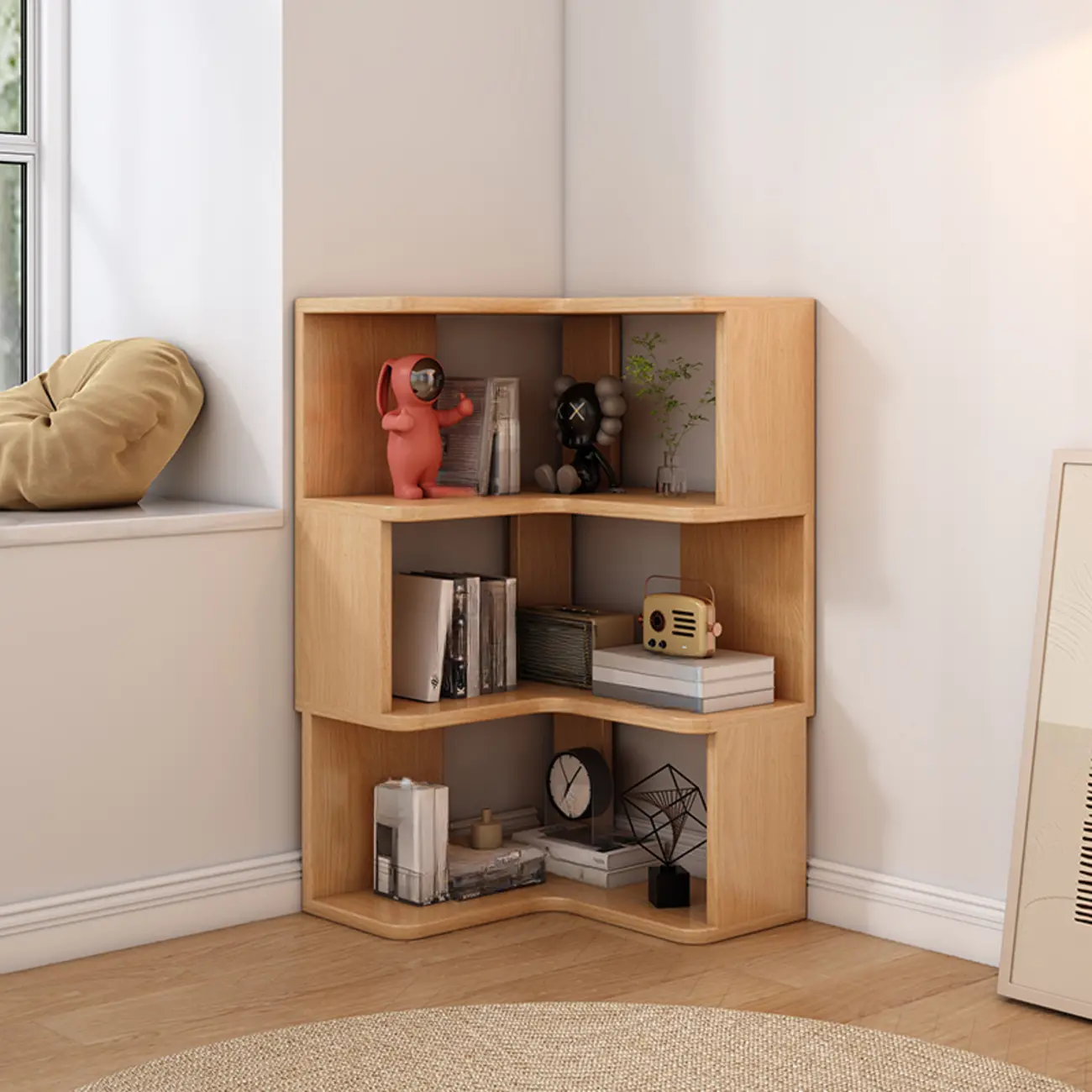 Living Room Open Back Deep Corner Wood Bookcase Image - 15 | homeyfad