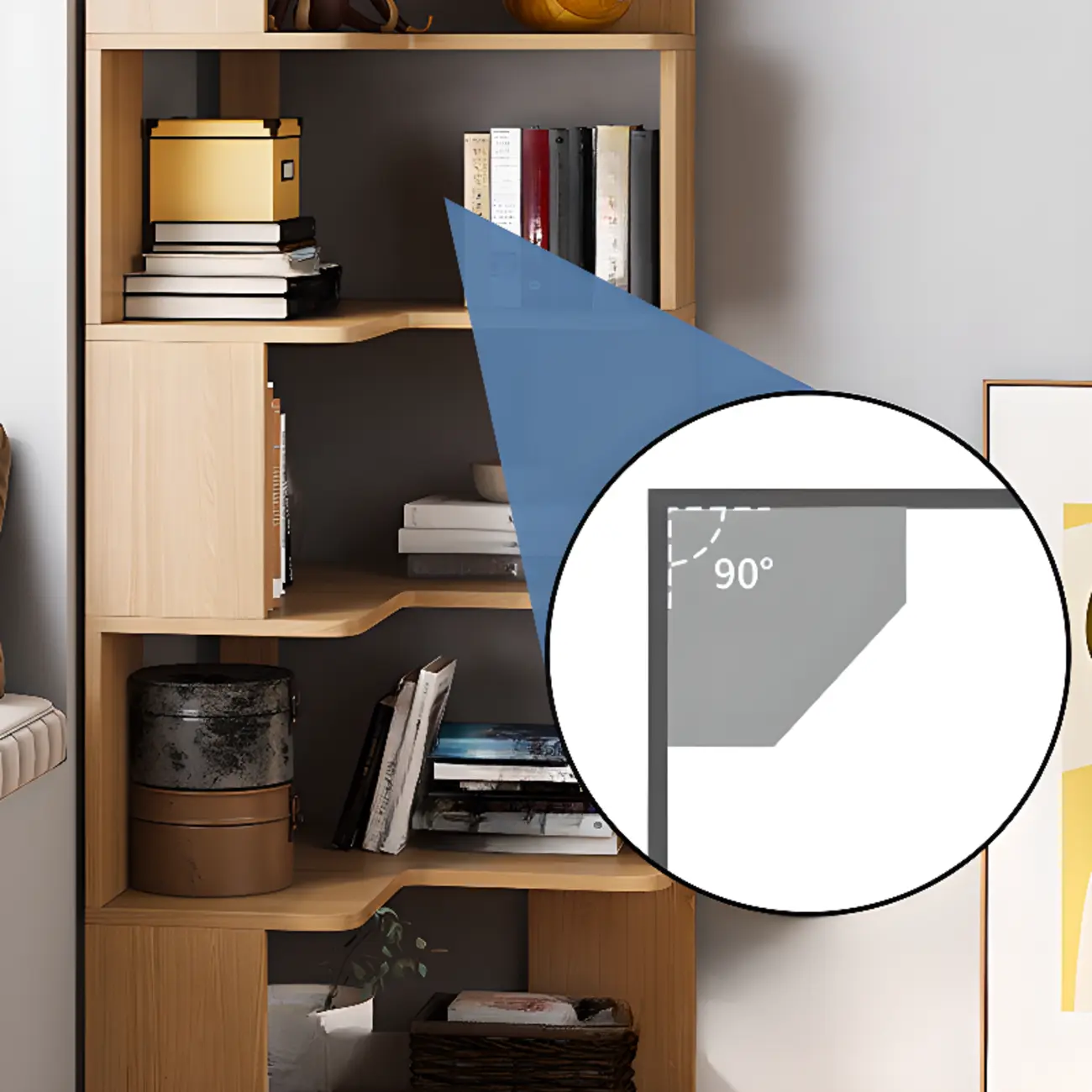 Living Room Open Back Deep Corner Wood Bookcase Image - 17 | homeyfad