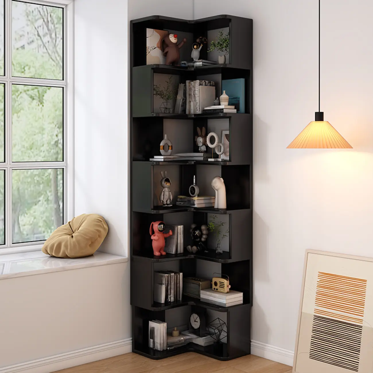 Living Room Open Back Deep Corner Wood Bookcase Image - 27 | homeyfad