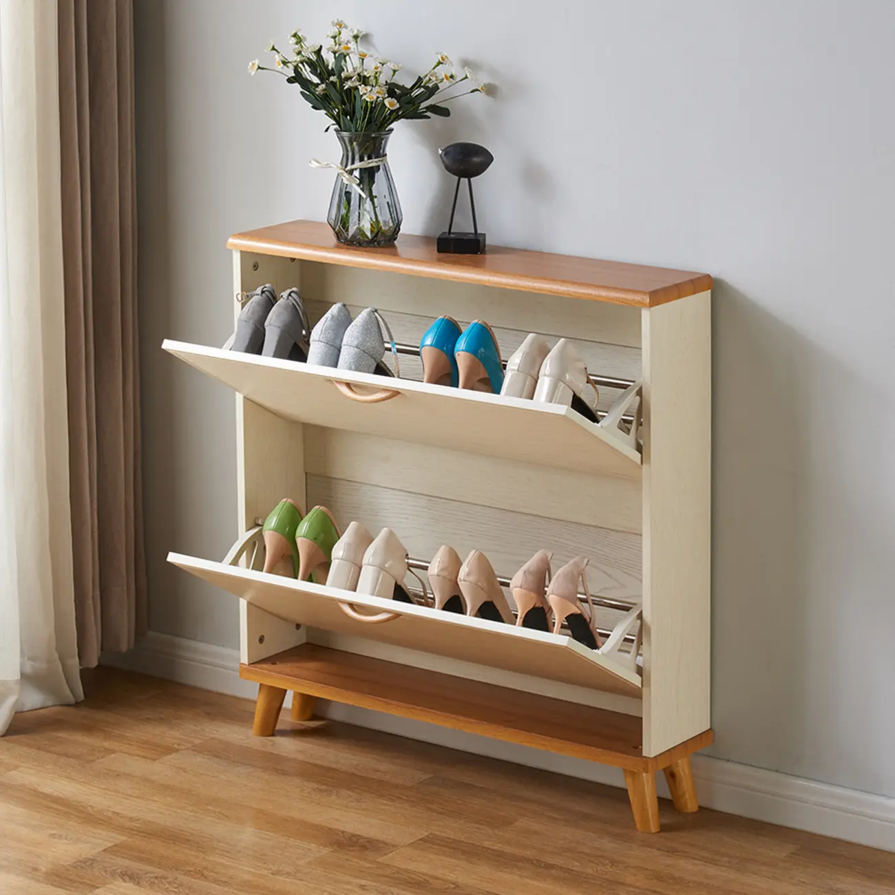 Narrow Solid Wood Shoe Cabinet for Small Space Image - 2 | homeyfad