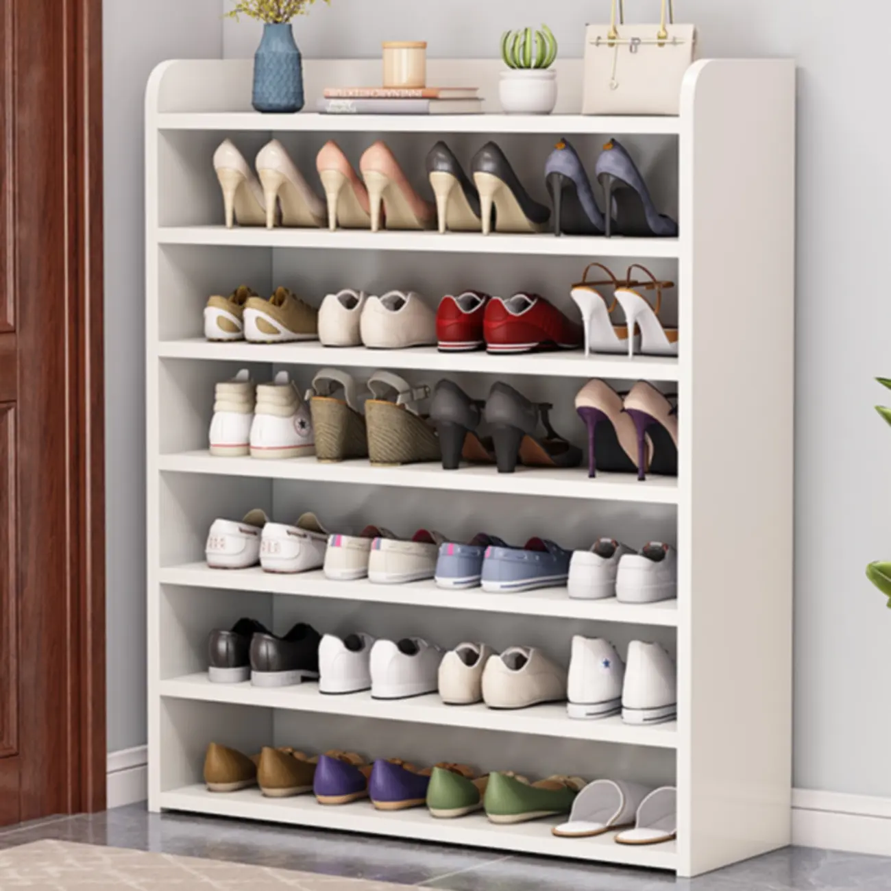 Vertical White Wooden Hallway 6-Tier Open Shoe Rack  Image - 1 | homeyfad