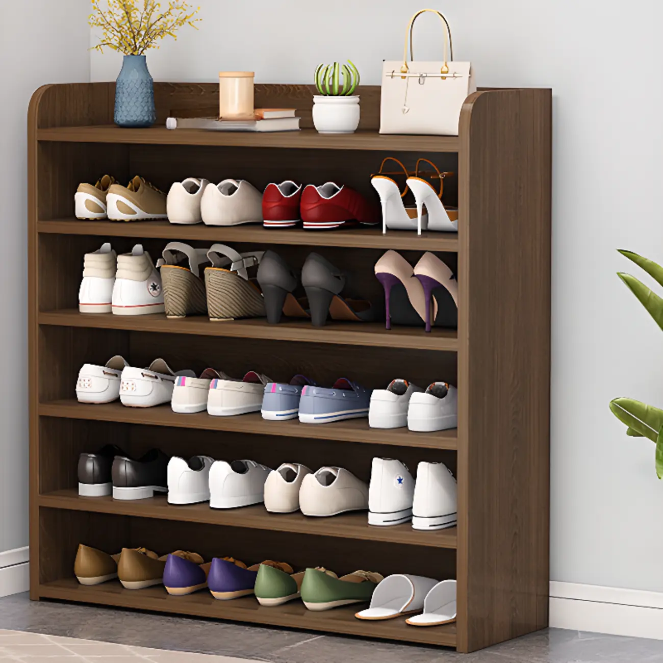 Vertical White Wooden Hallway 6-Tier Open Shoe Rack  Image - 3 | homeyfad