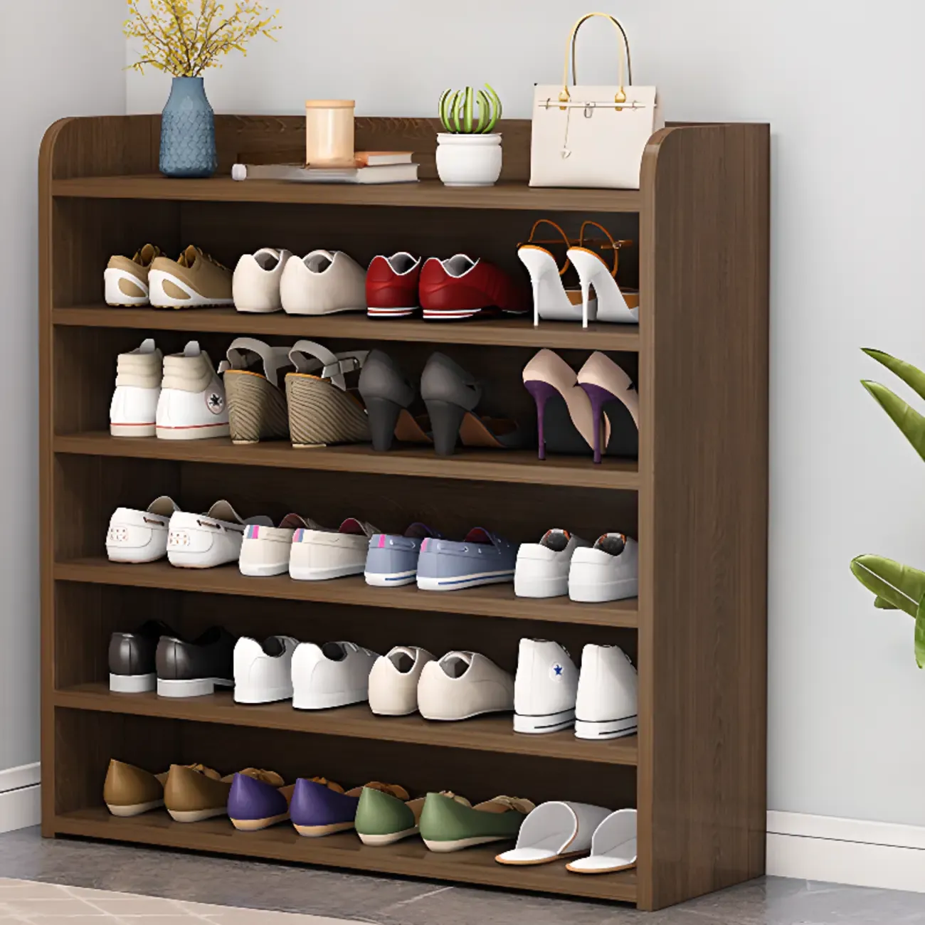 Vertical White Wooden Hallway 6-Tier Open Shoe Rack  Image - 3