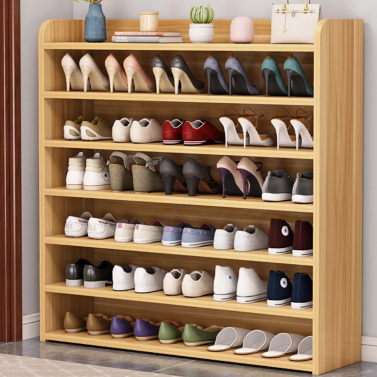 Vertical White Wooden Hallway 6-Tier Open Shoe Rack  Image - 4 | homeyfad