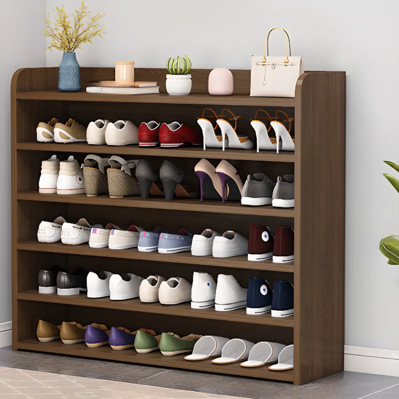 Vertical White Wooden Hallway 6-Tier Open Shoe Rack  Image - 5