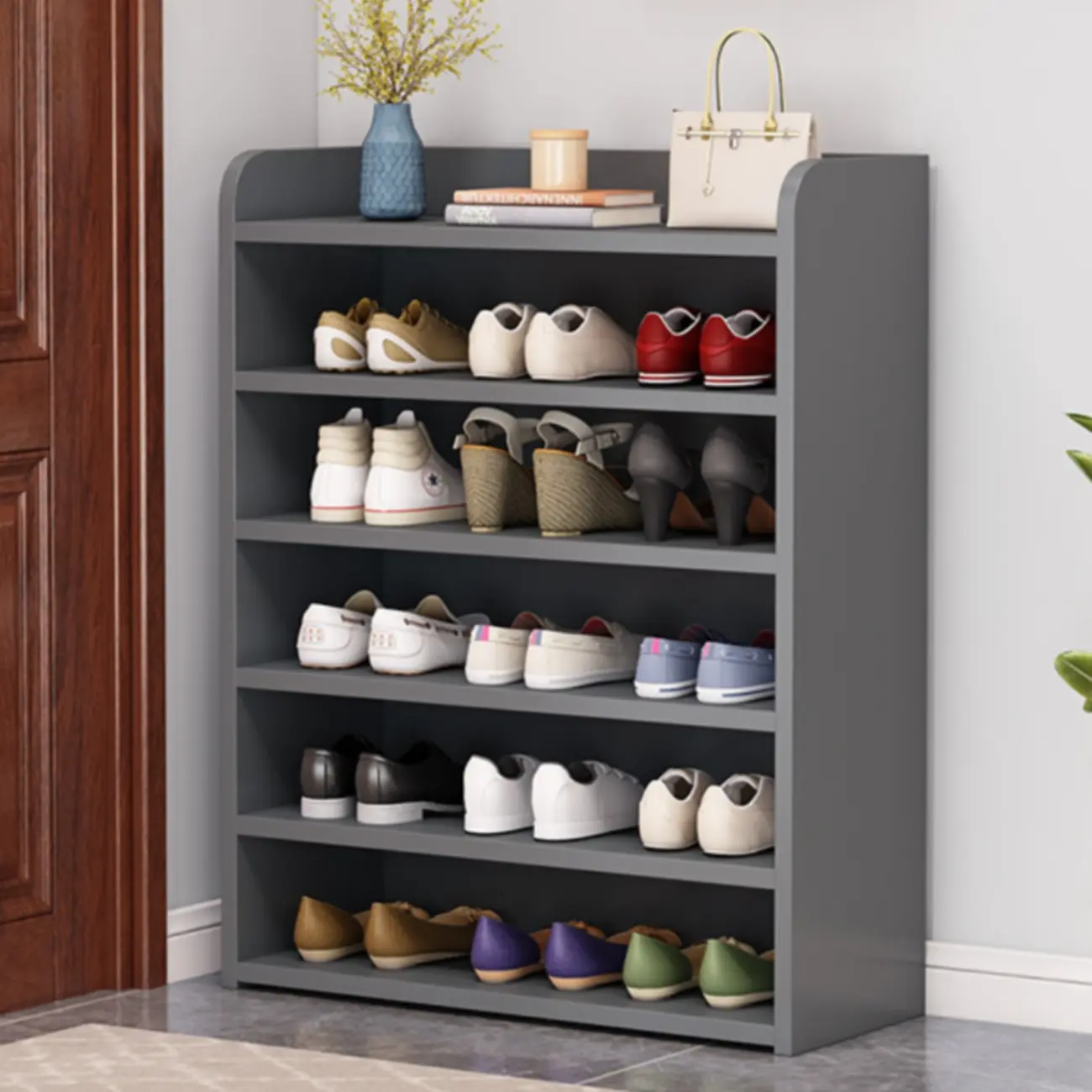 Vertical White Wooden Hallway 6-Tier Open Shoe Rack  Image - 6 | homeyfad