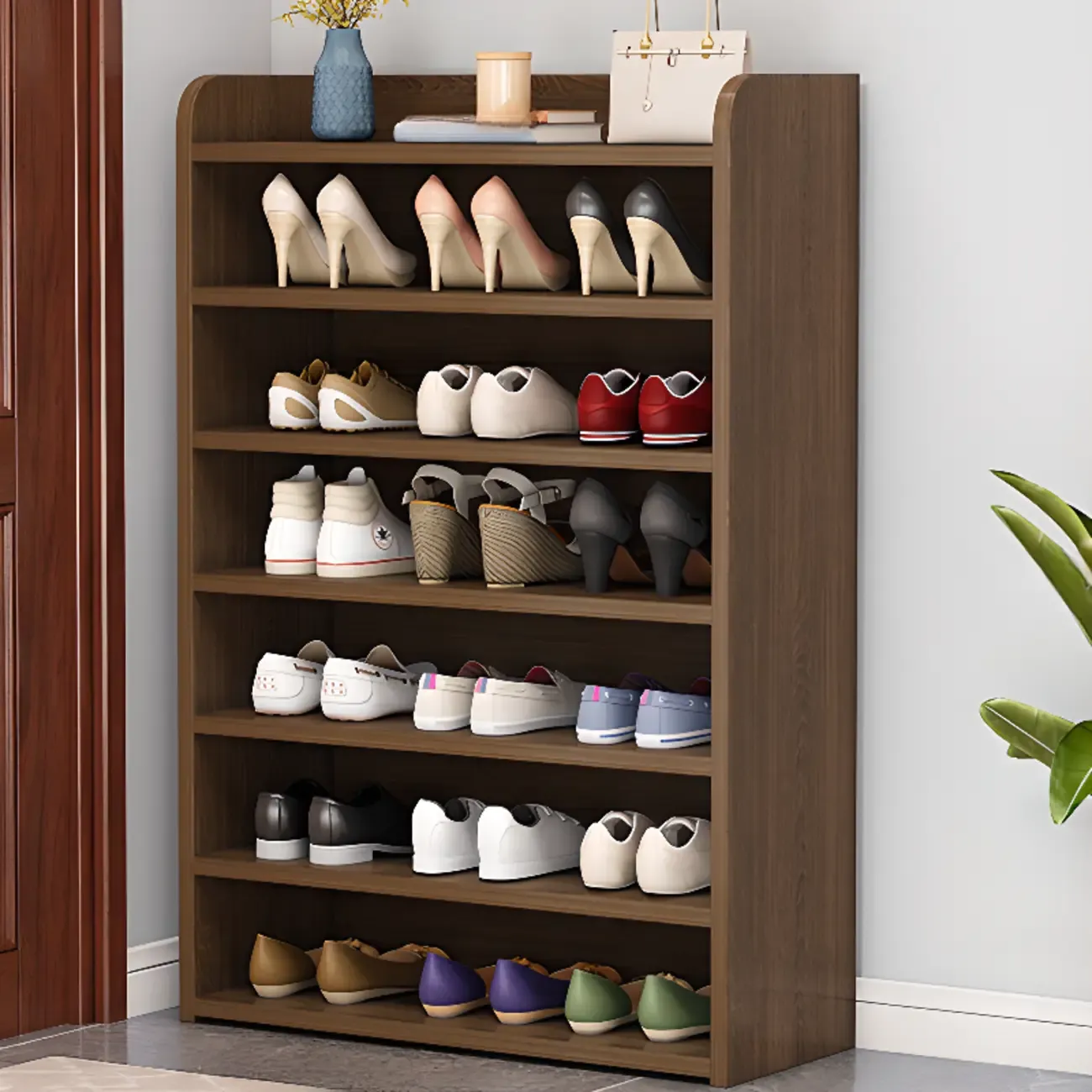 Vertical White Wooden Hallway 6-Tier Open Shoe Rack  Image - 7