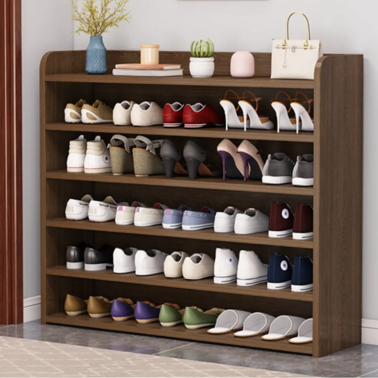 Vertical White Wooden Hallway 6-Tier Open Shoe Rack  Image - 8 | homeyfad