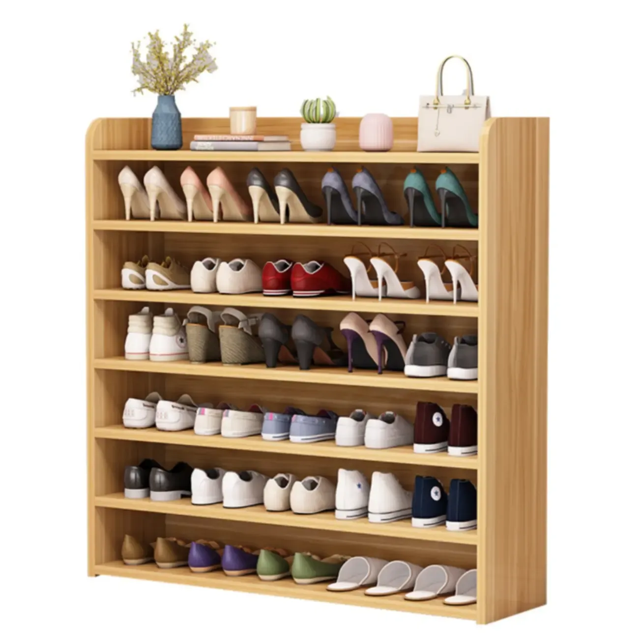 Vertical White Wooden Hallway 6-Tier Open Shoe Rack  Image - 9