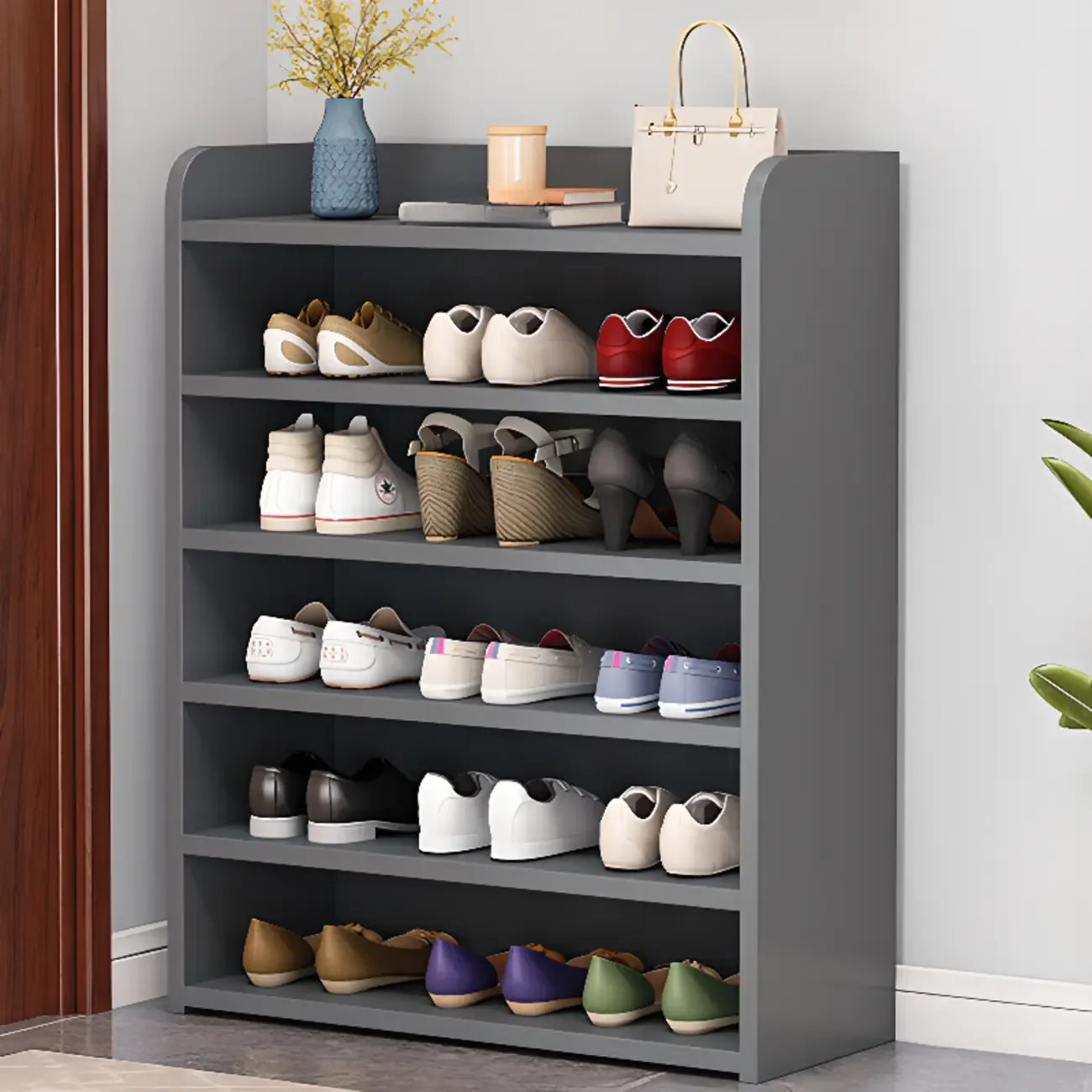 Vertical White Wooden Hallway 6-Tier Open Shoe Rack  Image - 12